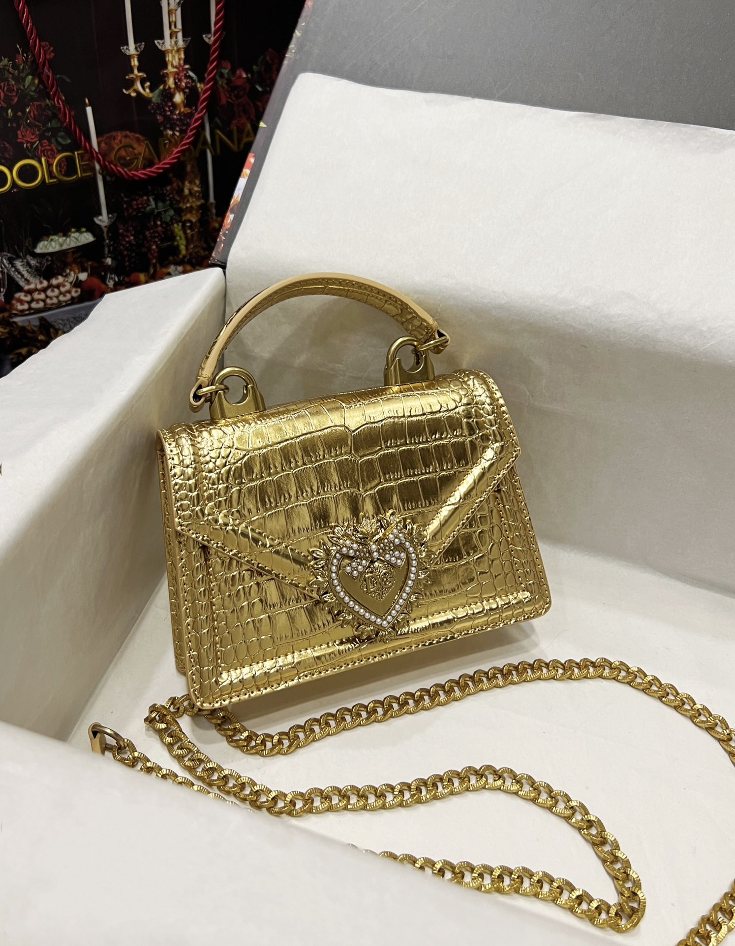 Dolce & Gabbana Small Devotion bag in foiled crocodile print in Gold for Women | Dolce&Gabbana
