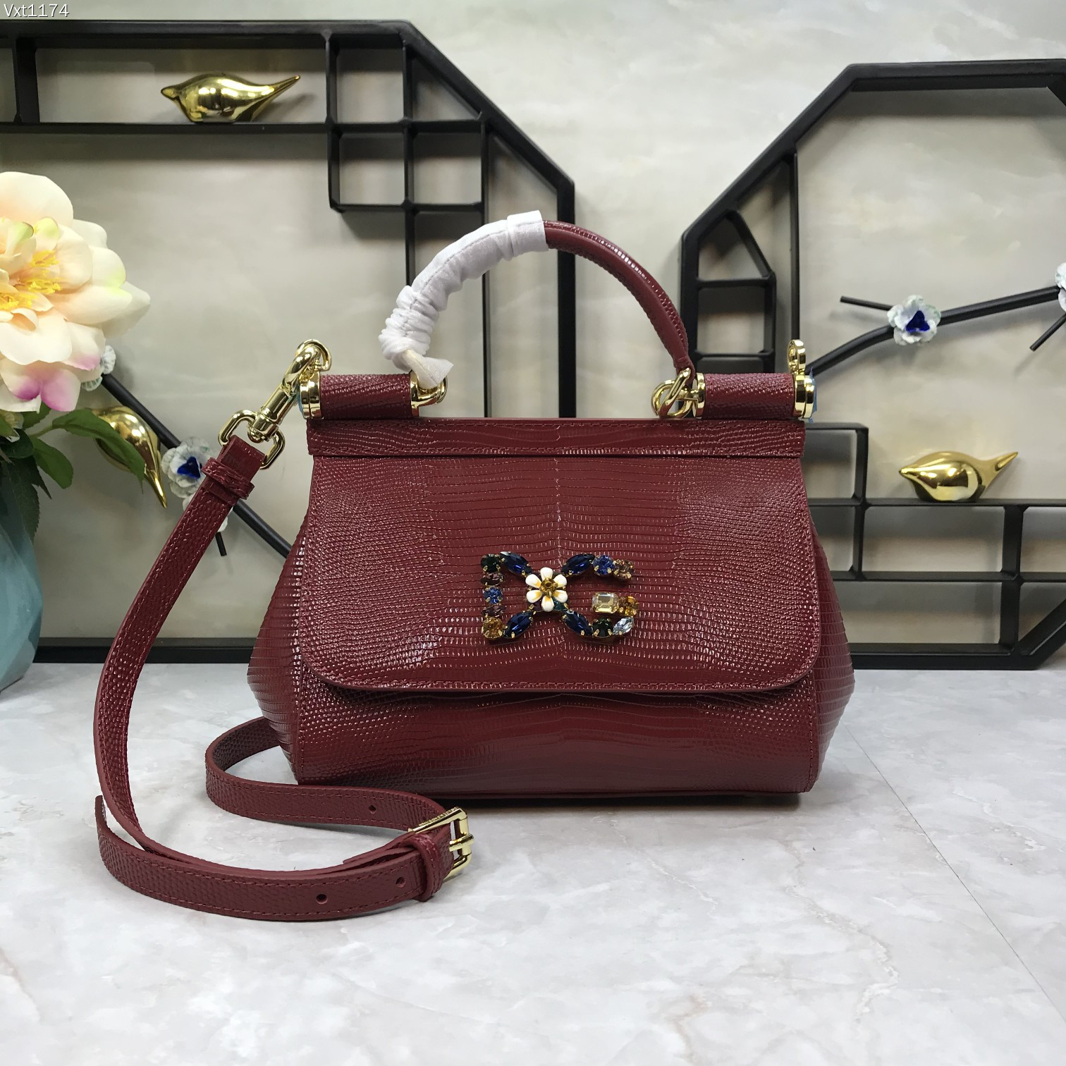 DOLCE & GABBANA Handbag Red Leather Sicily Logo Crystal