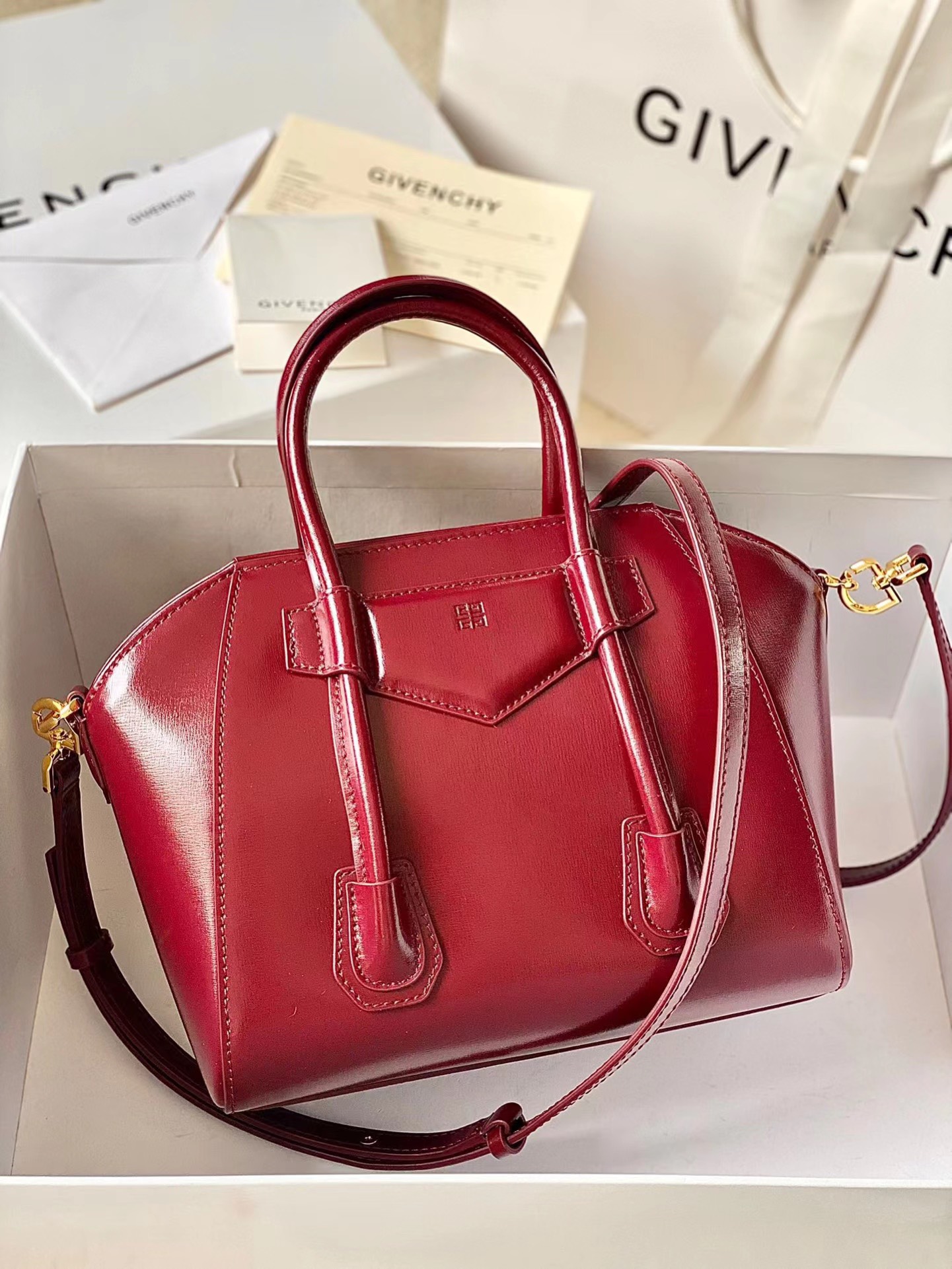 Givenchy Antigona Lock Mini Leather Shoulder Bag in Red.
