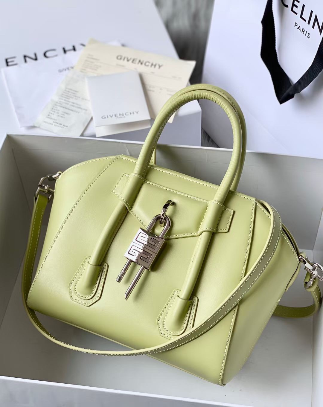 GIVENCHY Box Calfskin Mini Lock Antigona Shoulder Bag Avocado Green 1631970