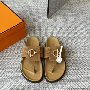 Hermès Brown Suede Flip Flops with Gold Buckle