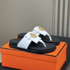Hermès White Suede Flip Flops with Gold Buckle