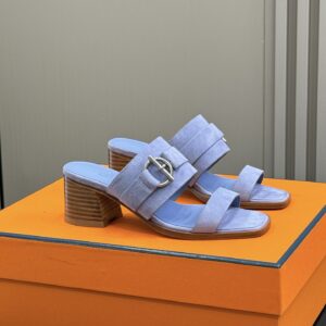 Hermès Women’s Giulia Sandals in Blue Suede with Kelly Buckle – 5cm Block Heel