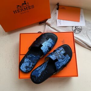Hermes Calfskin Mens Peinture Fraiche Izmir Sandals Blue Electrique