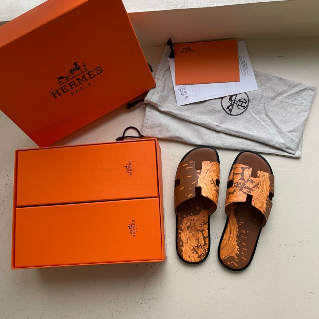 HERMES Izmir Sandals mens Brown orange