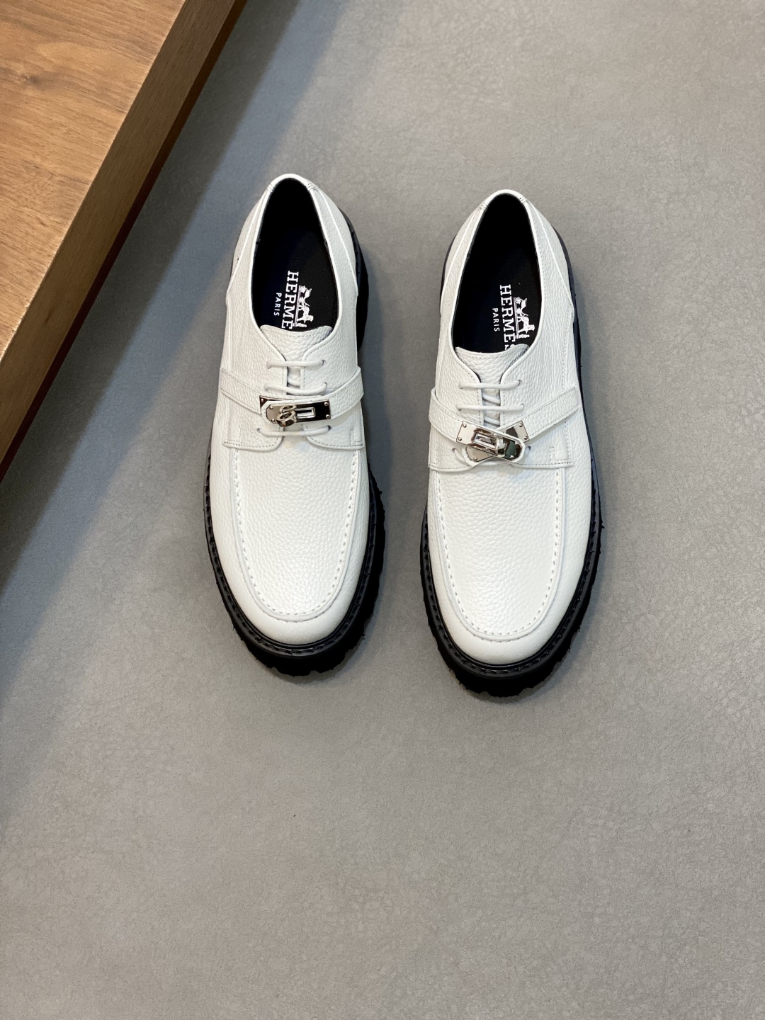 Hermes First Derby Shoes Loafers Blanc De Paris Palladium Kelly Buckle Size