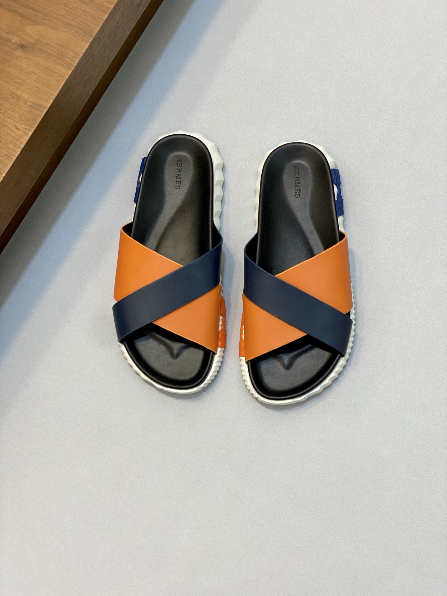 Hermès Infra Sandals – Gold Straps / Navy Blue & Black Sole | Women’s Luxury Sandals