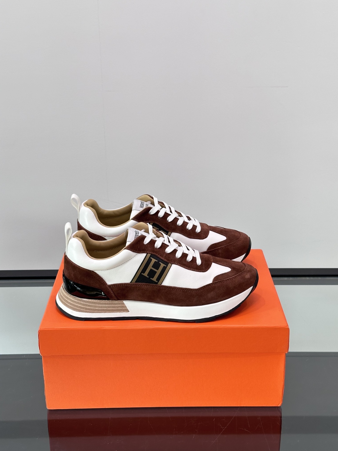 Hermès Men’s Suede & Leather ‘H’ Running Sneakers – Brown/White