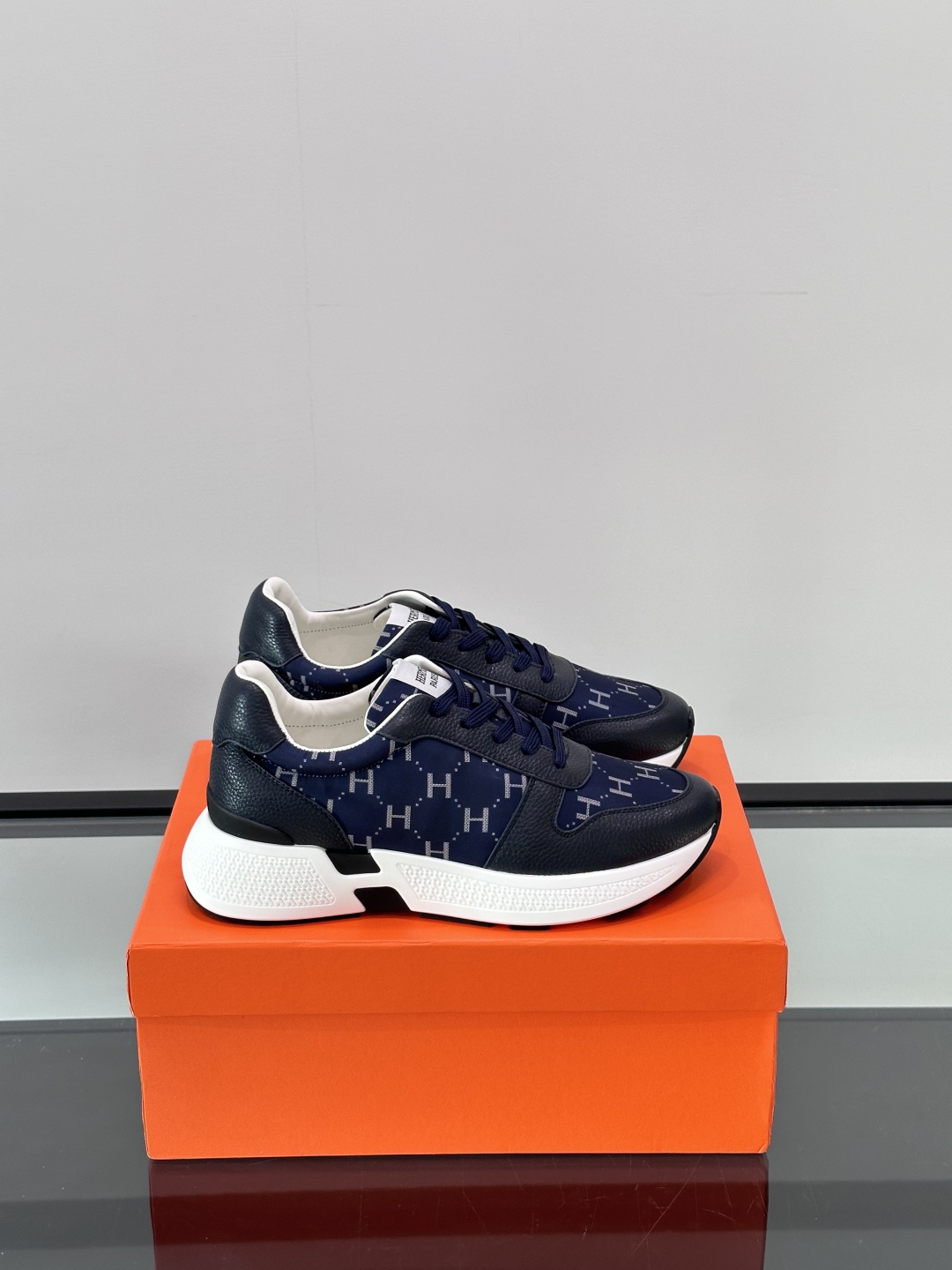 Hermès Men’s “H” Monogram Running Sneakers – Navy Blue, White Trim