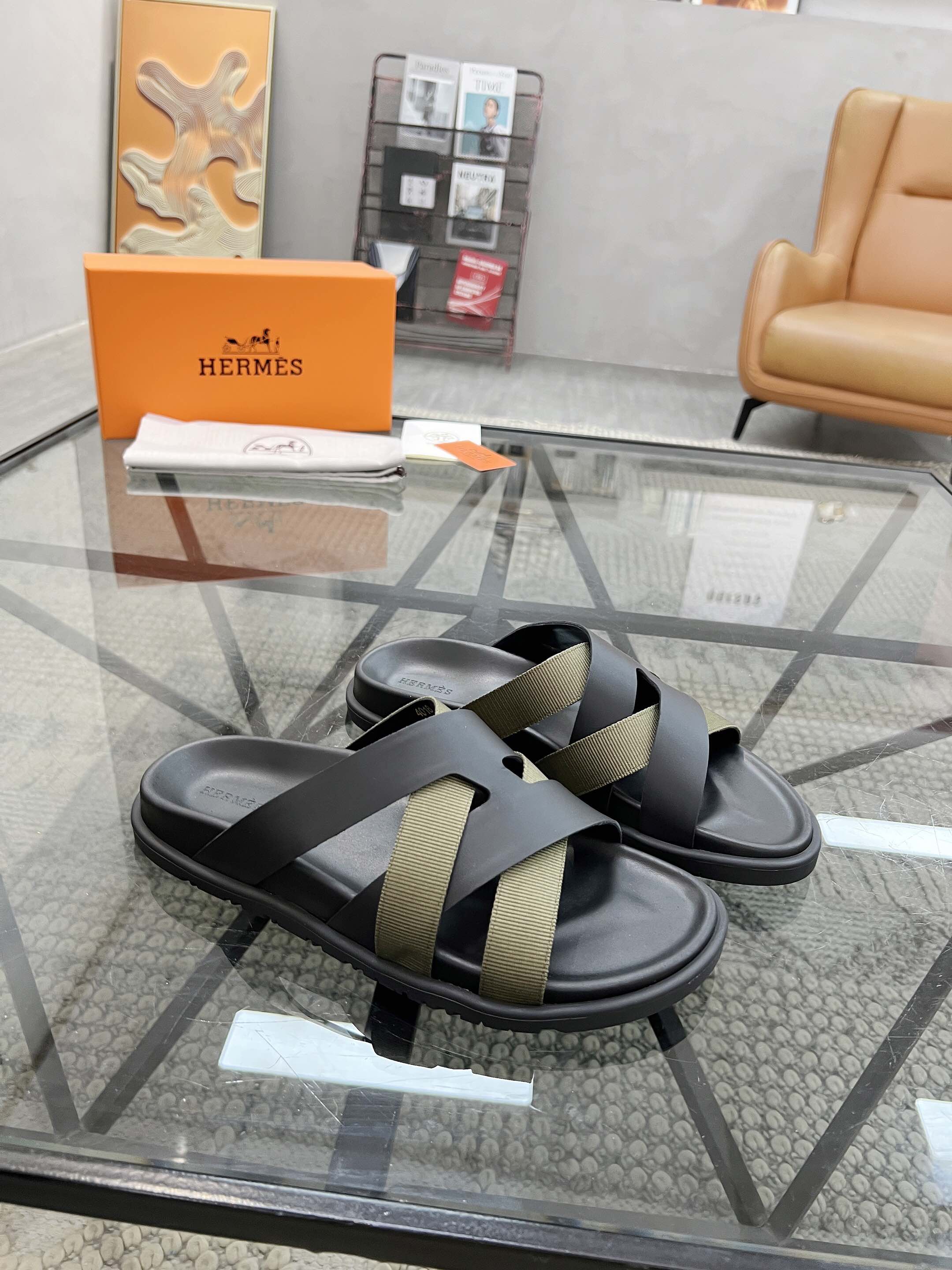 Hermes Kazimir Sandal In Dark Grey & Olive Green