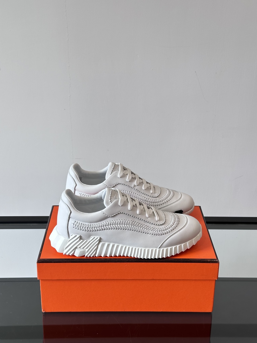 Hermes  Calfskin Herringbone Braided Bouncing Sneakers  White