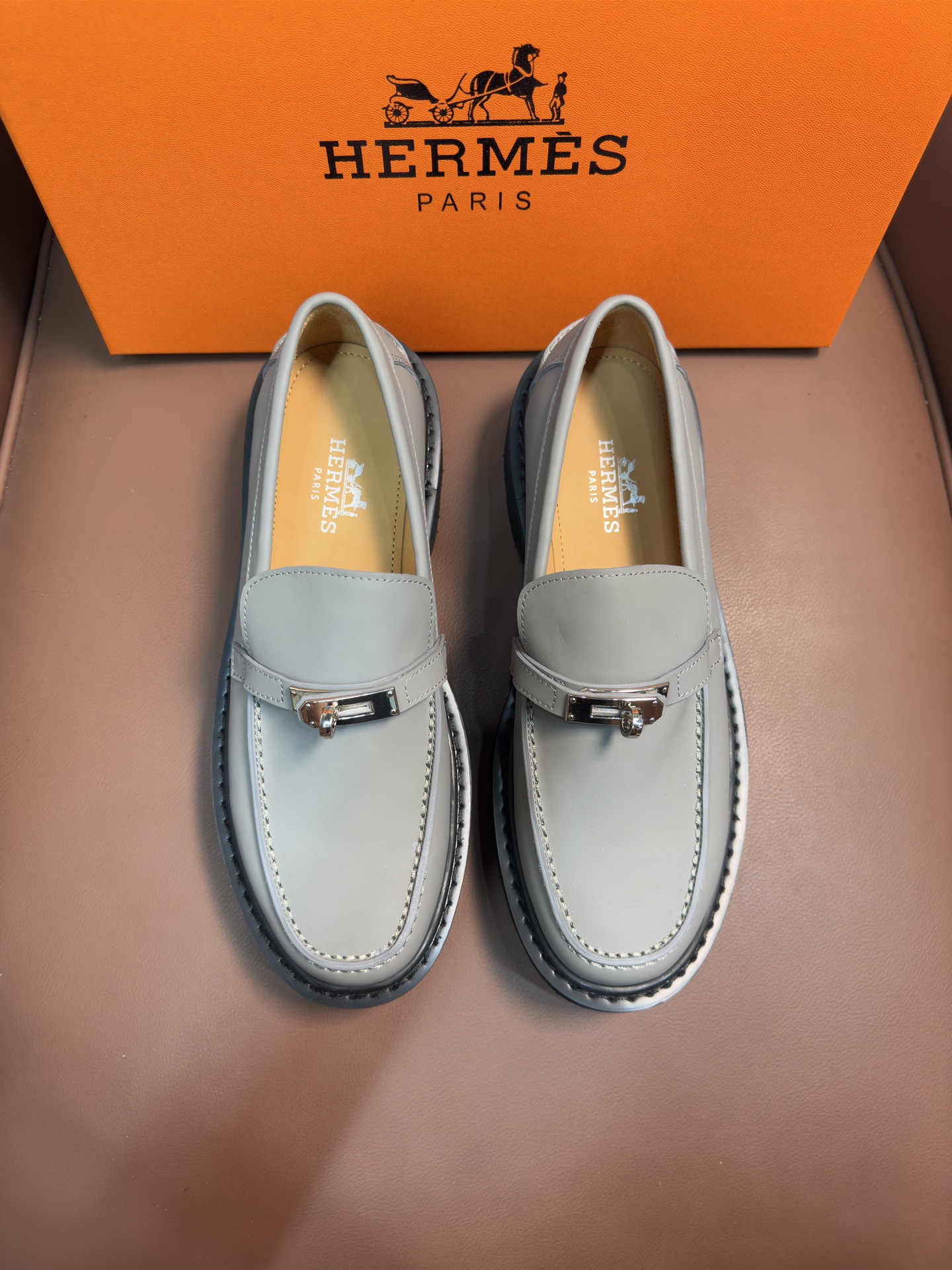 Hermes  Epsom Womens Destin Loafer GRAY Blanc Gomme