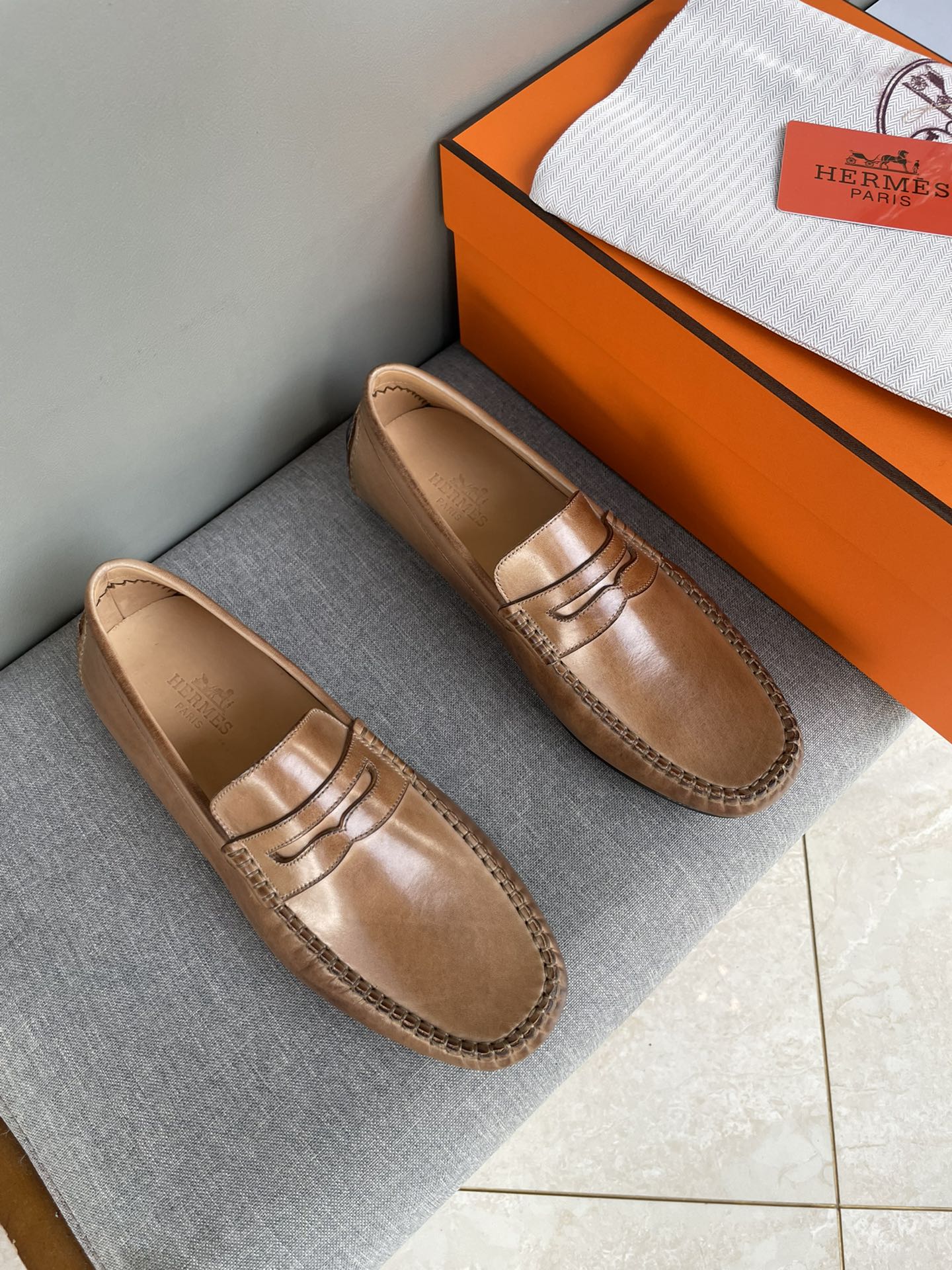 HERMES men’s loafers Brown Beige , H logo leather shoes in Brown  Beige