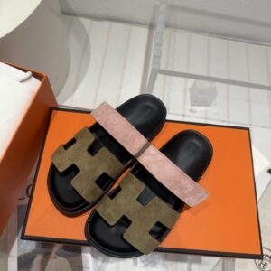 Hermès Chypre Sandals – Brown Suede Goatskin with Black Sole & Pink Strap, Women’s Size