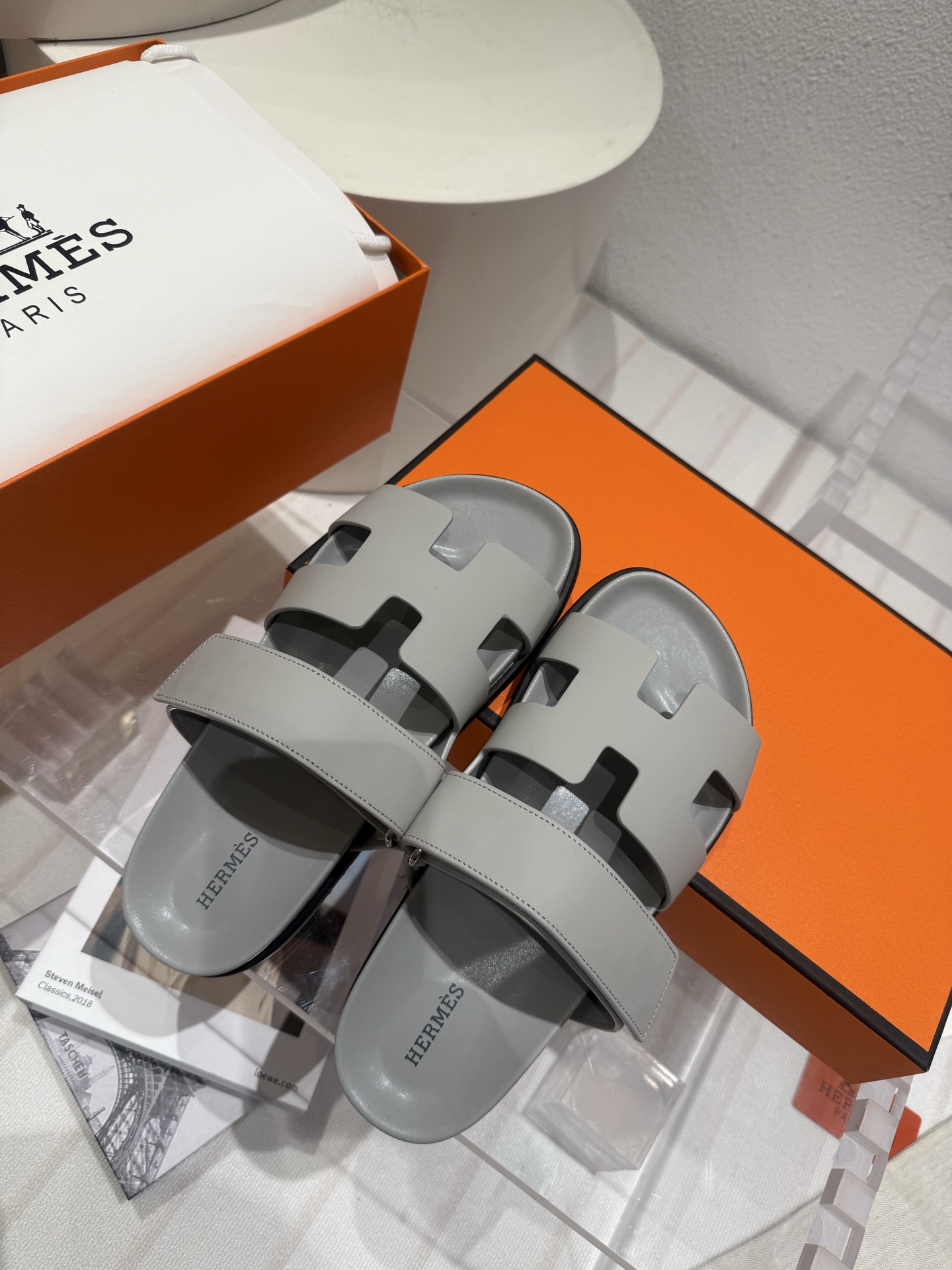 Hermes Chypre gray Perlino  H Leather Sandals Slippers