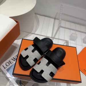 Hermes Chypre black gray H Leather Sandals Slippers