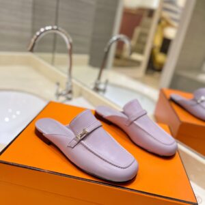 Hermès Men’s Pink Leather Mules with Palladium-Plated Kelly Buckle