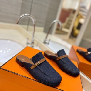 Hermès Oz Mule “Bleu Brut” Women’s Shoes in H Canvas and Calfskin