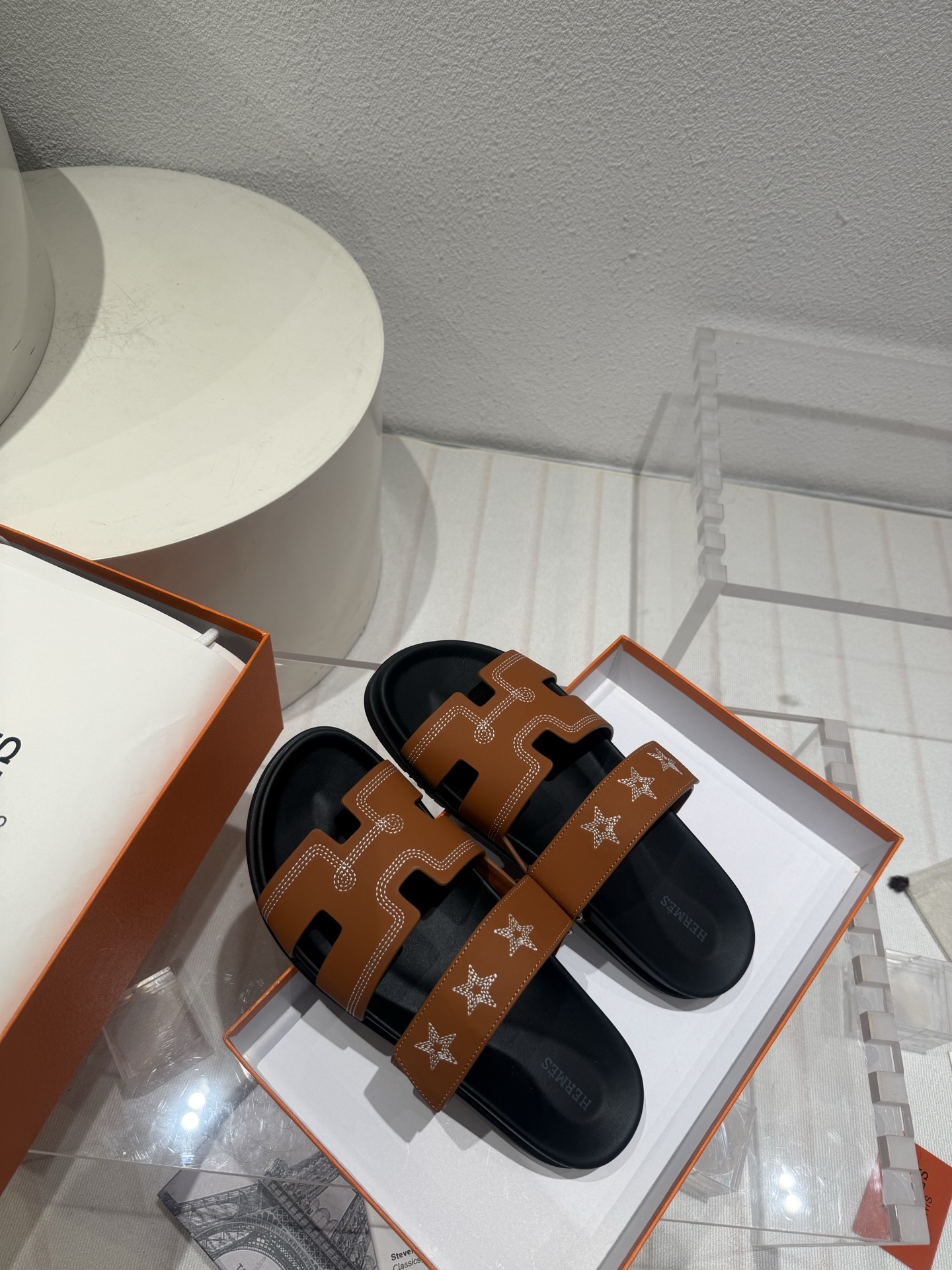 Hermes  Calfskin Embroidered Womens Chypre Sandals  Natural