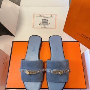 Hermès Women’s Giulia Sandals in Blue Suede Calfskin with Palladium-Plated Kelly Buckle