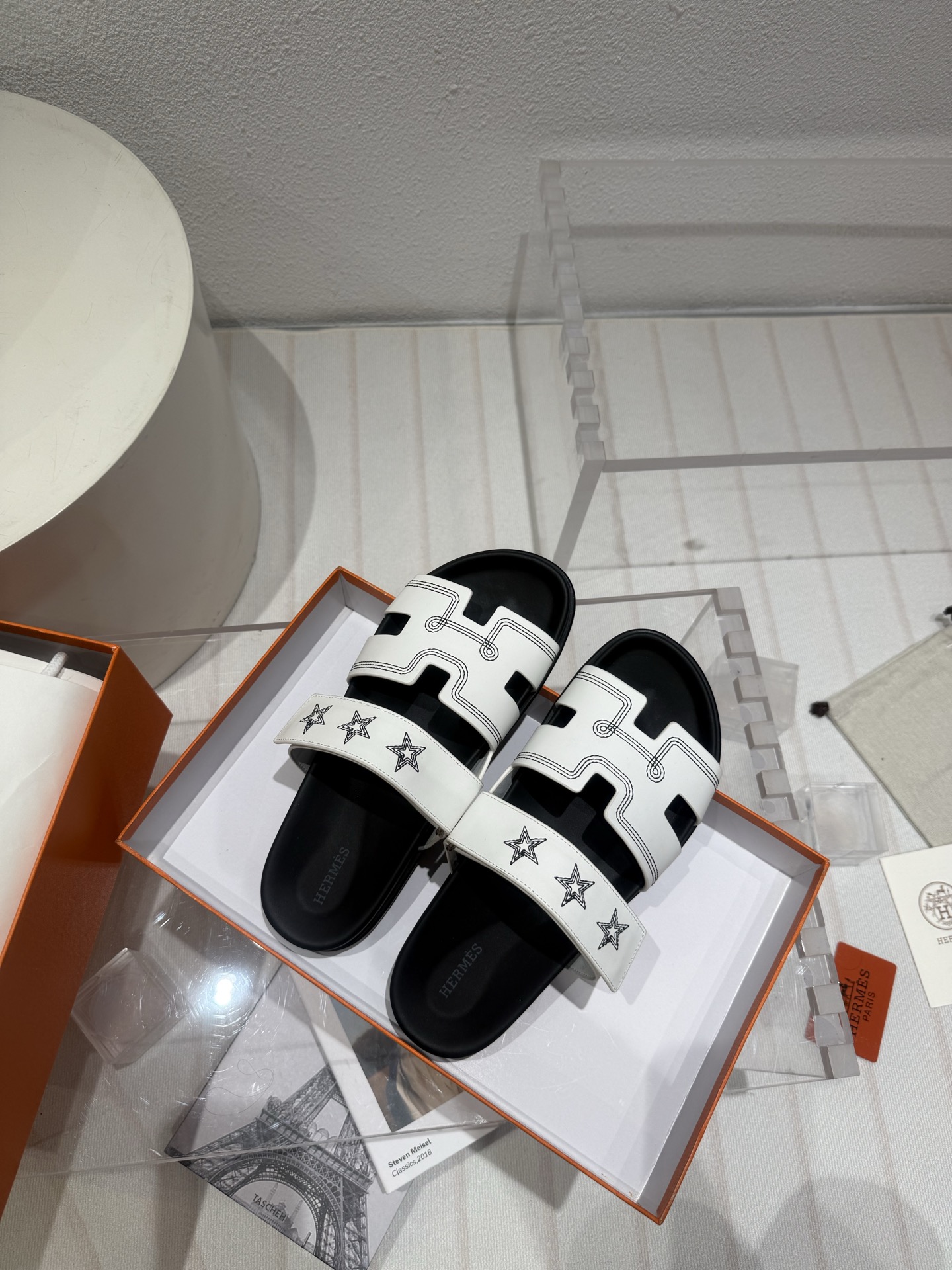 Hermes  Calfskin Embroidered Womens Chypre Sandals white