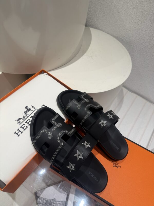New Hermes Women Chypre Sandals Size  Black Noir Star Embroidered Sold Out