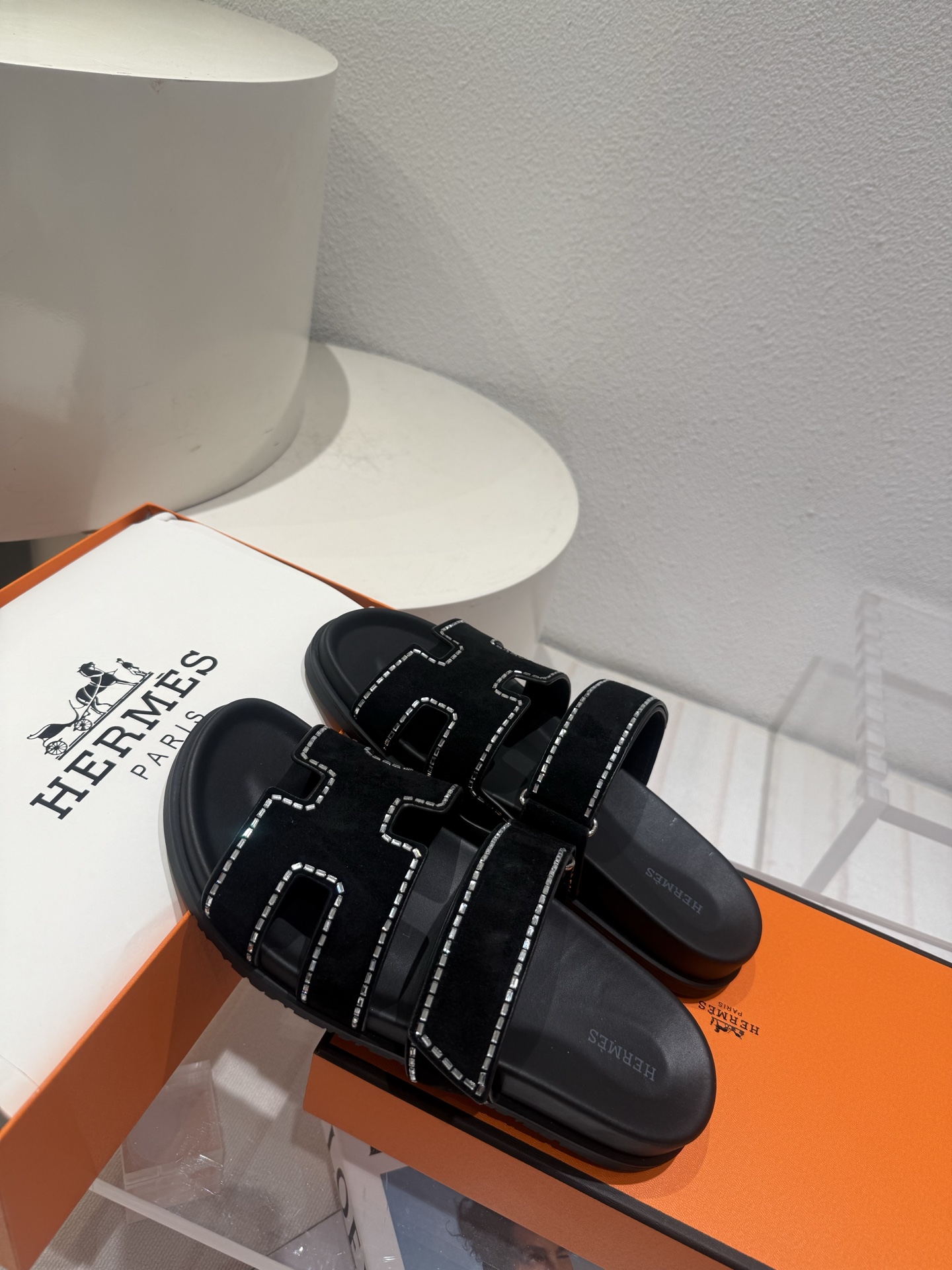 Hermes Black Chypre Sandals with Crystals