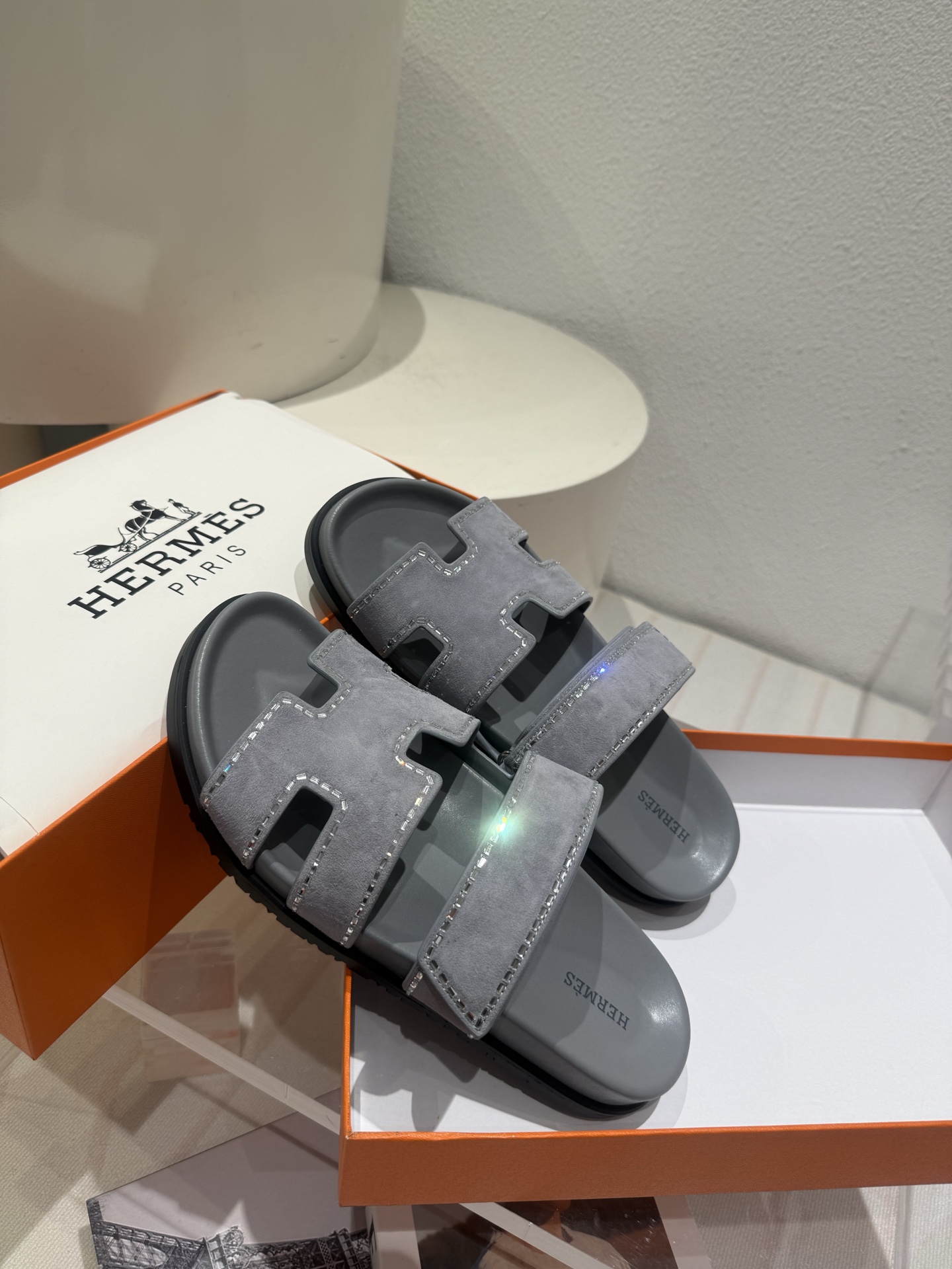 Hermes gray Chypre Sandals with Crystals