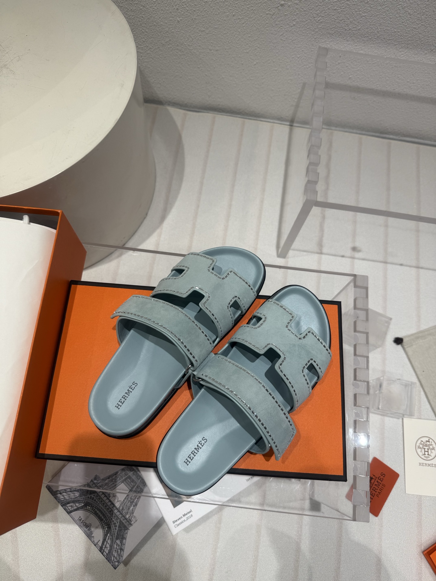 Hermes Blue Chypre Sandals with Crystals