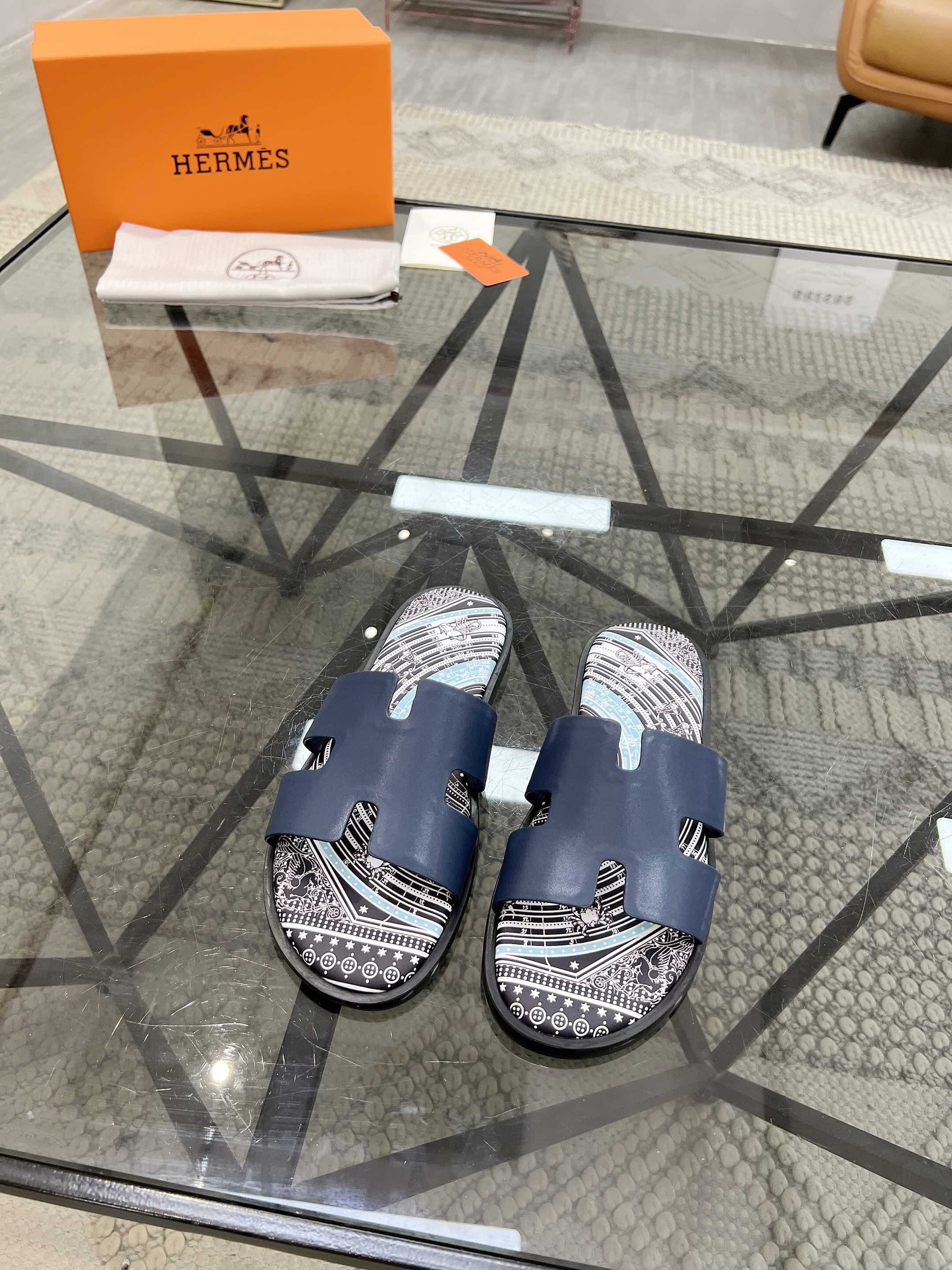HERMES Izmir H Logo Flat Sandals Mules Shoes Men  With Storage bag blue navy