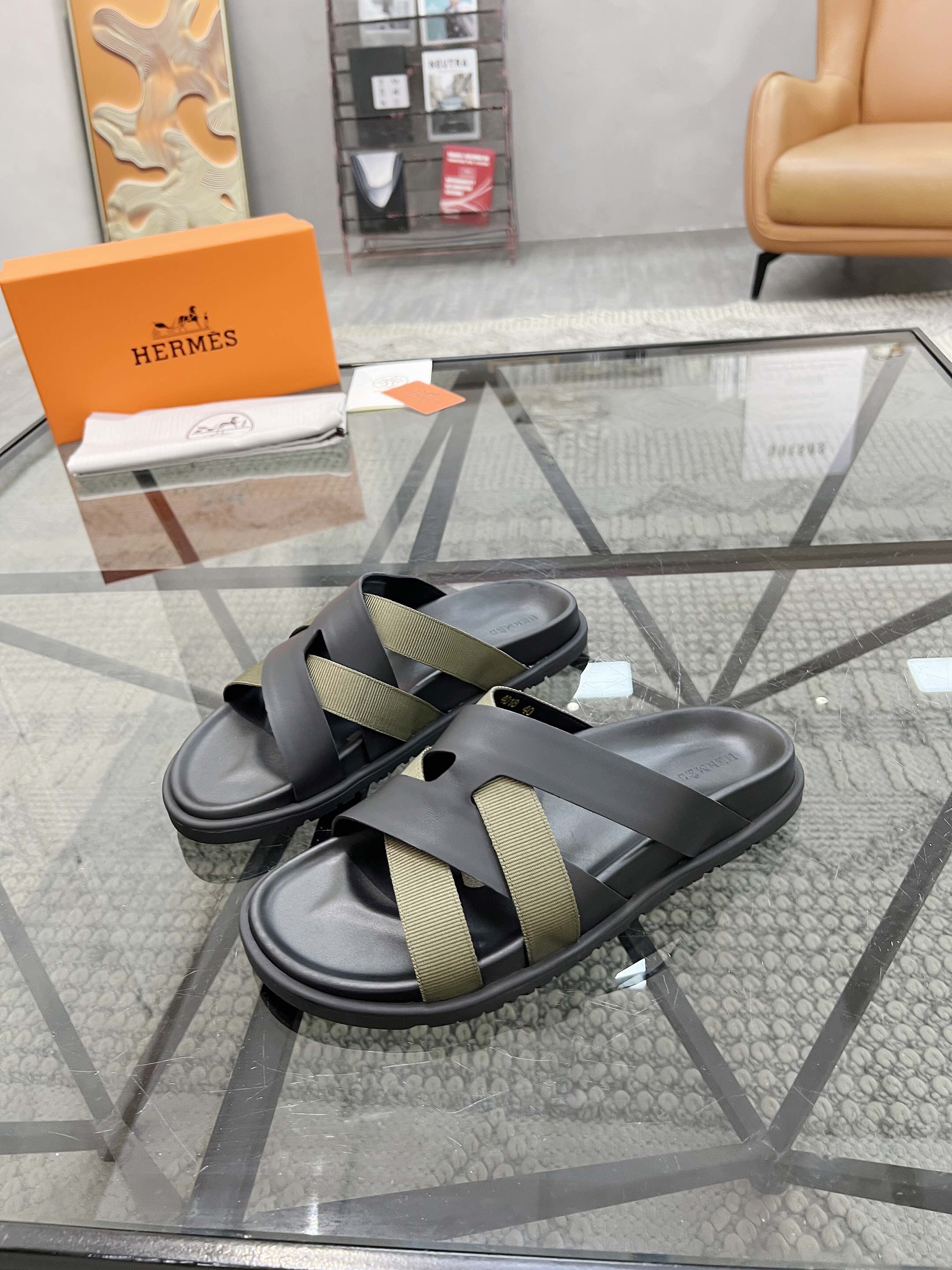 Hermes Kazimir Sandal In Dark Grey & Olive Green