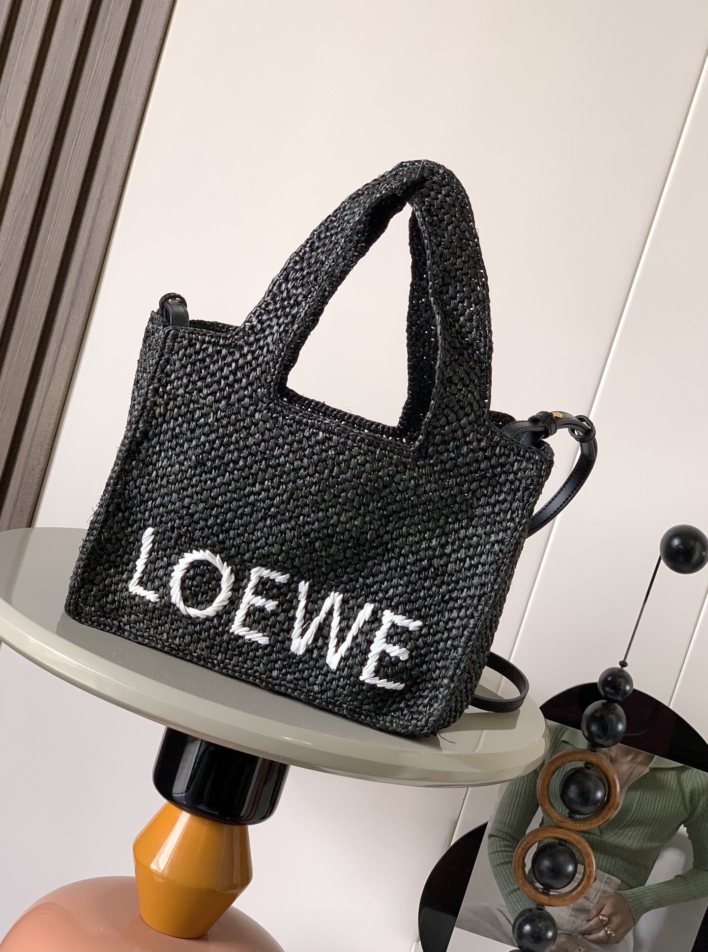 LOEWE Raffia Small Paula’s Ibiza Logo Tote Black White