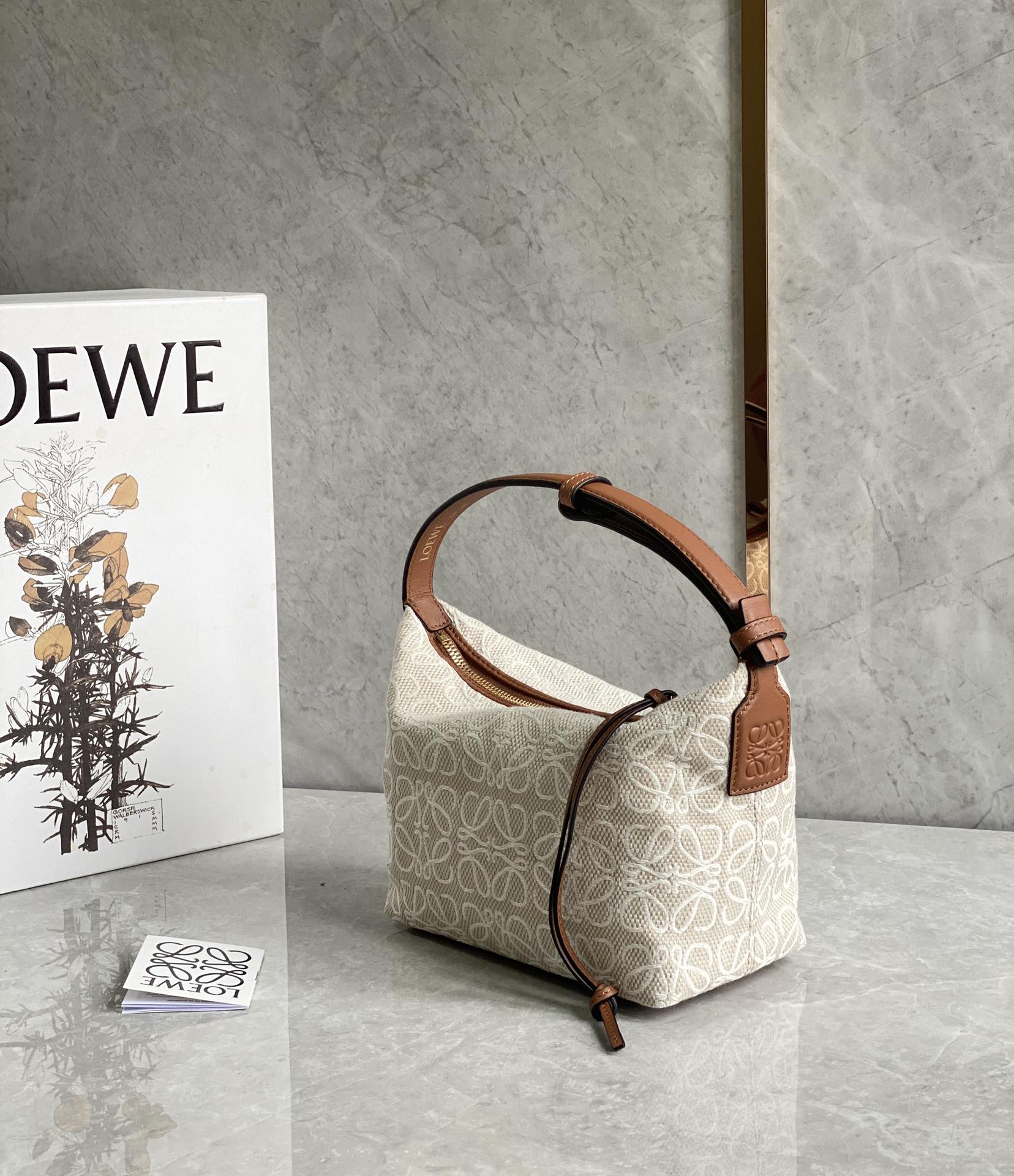 LOEWE Jacquard Anagram Calfskin Small Cubi Bag Ecru Tan 1197941