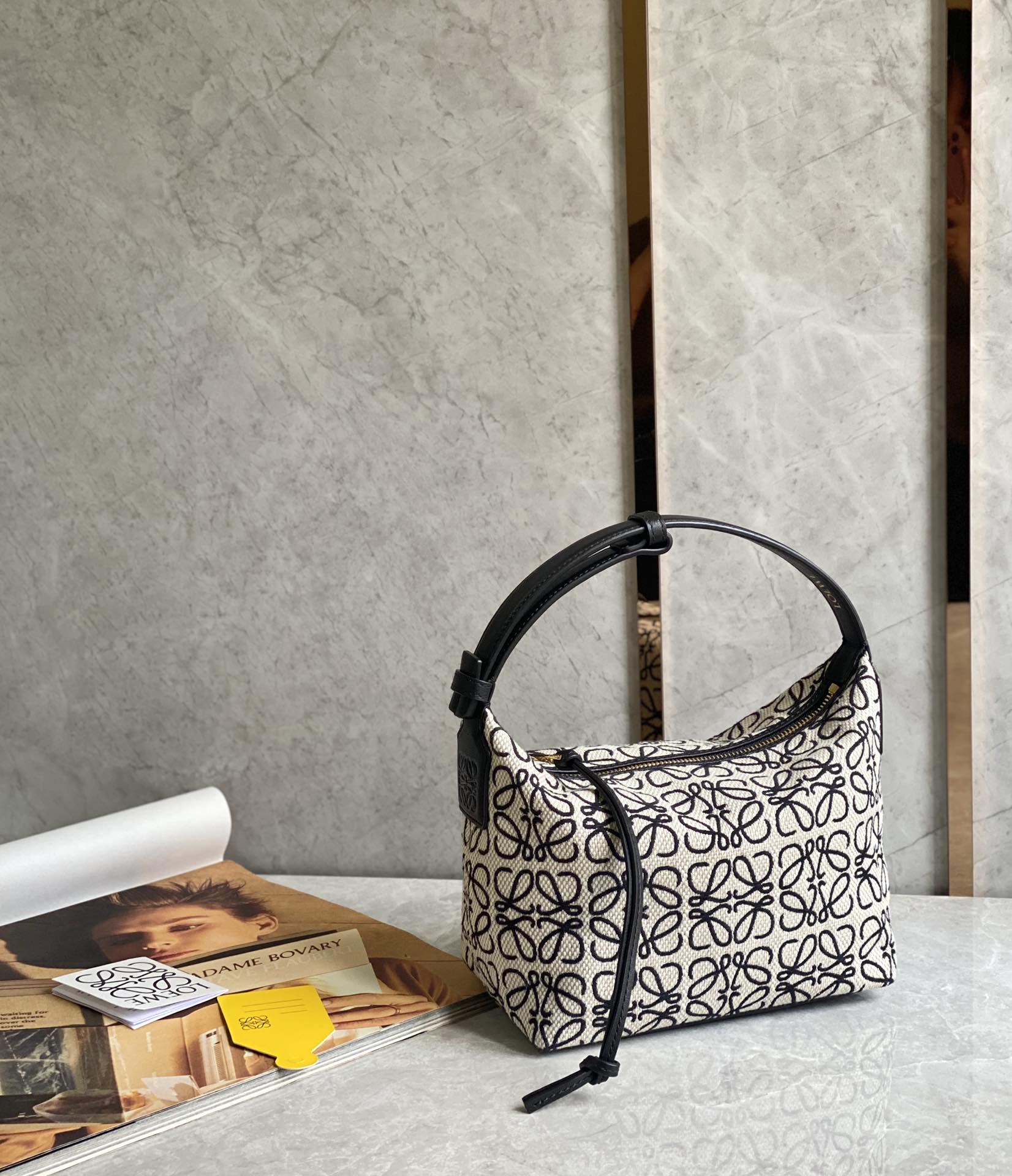 LOEWE Jacquard Anagram Calfskin Small Cubi Bag Ecru Black 1066679