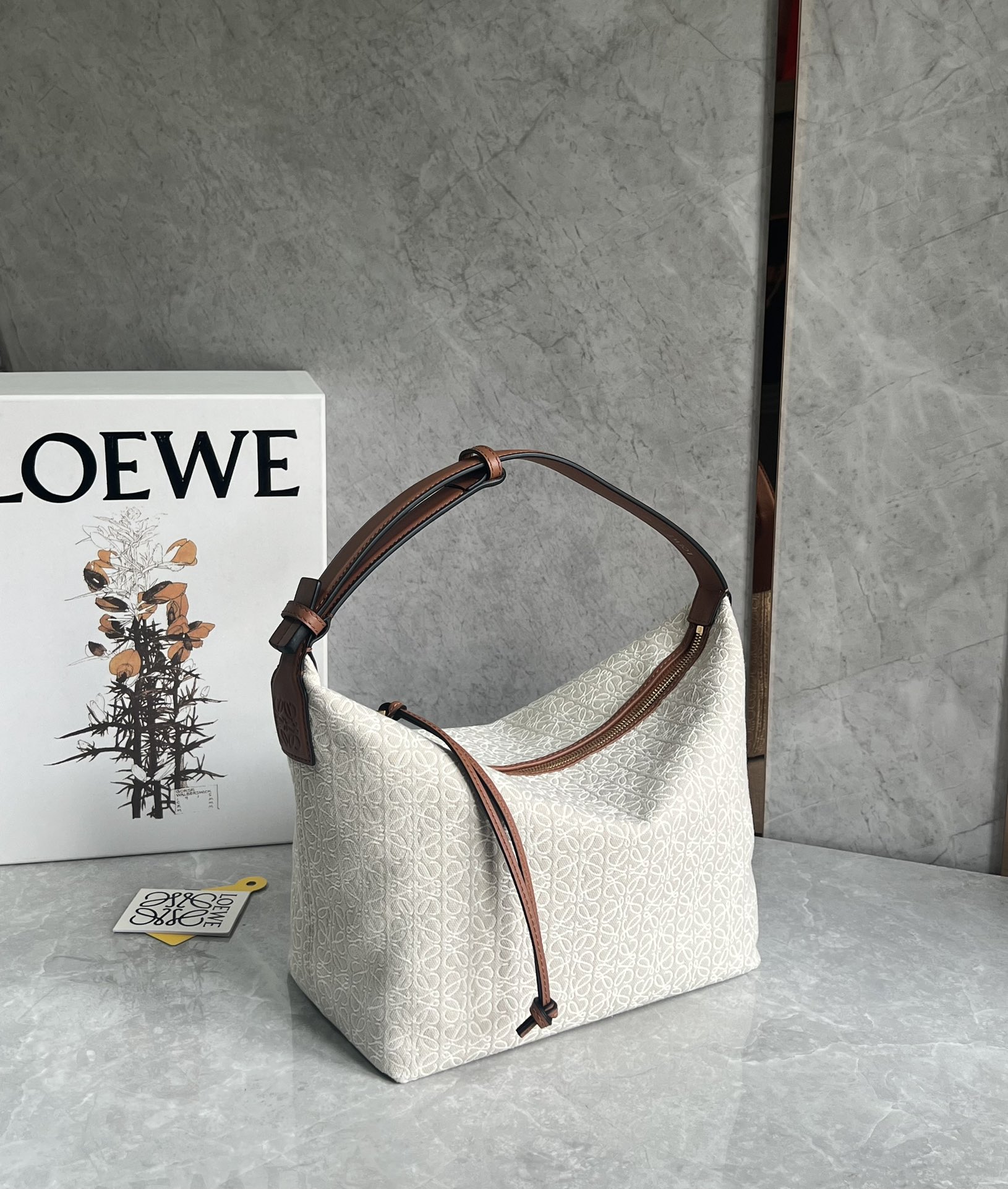 LOEWE Jacquard Anagram Calfskin Medium Cubi Bag Ecru