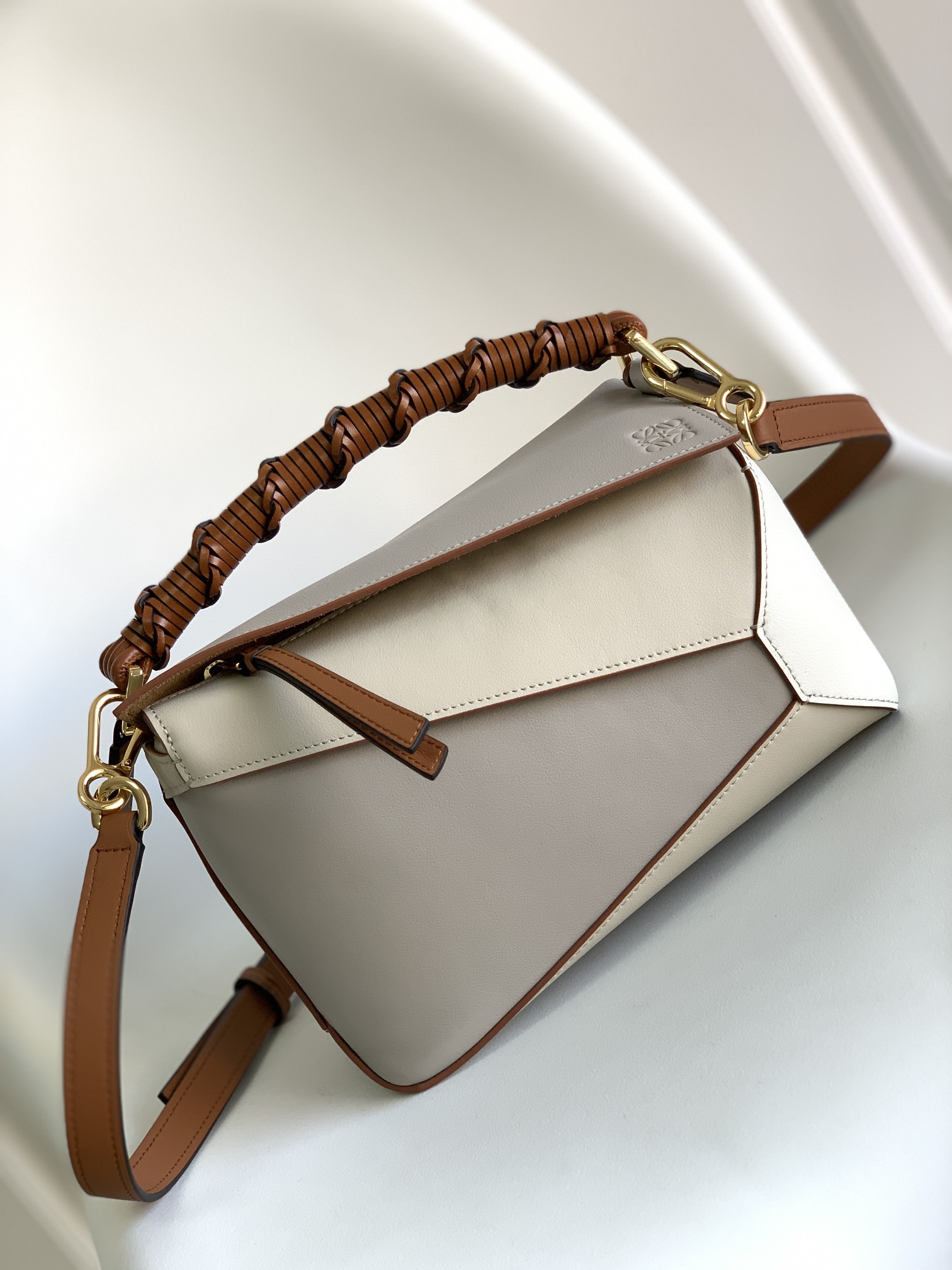 LOEWE Calfskin Small Puzzle Edge Bag Tan White 931375