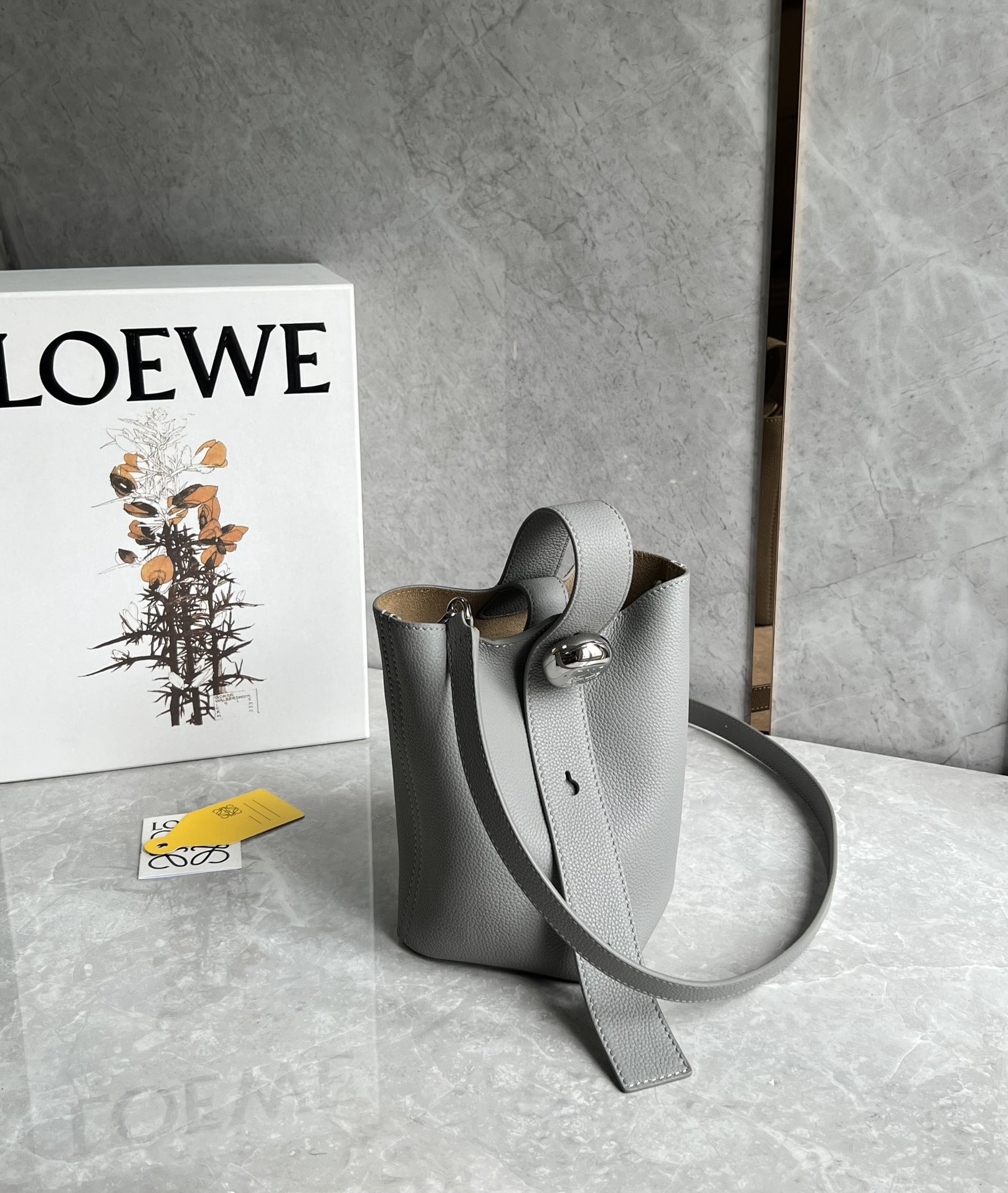 LOEWE Soft Grained Calfskin Mini Pebble Bucket Bag Pearl Grey 1523597