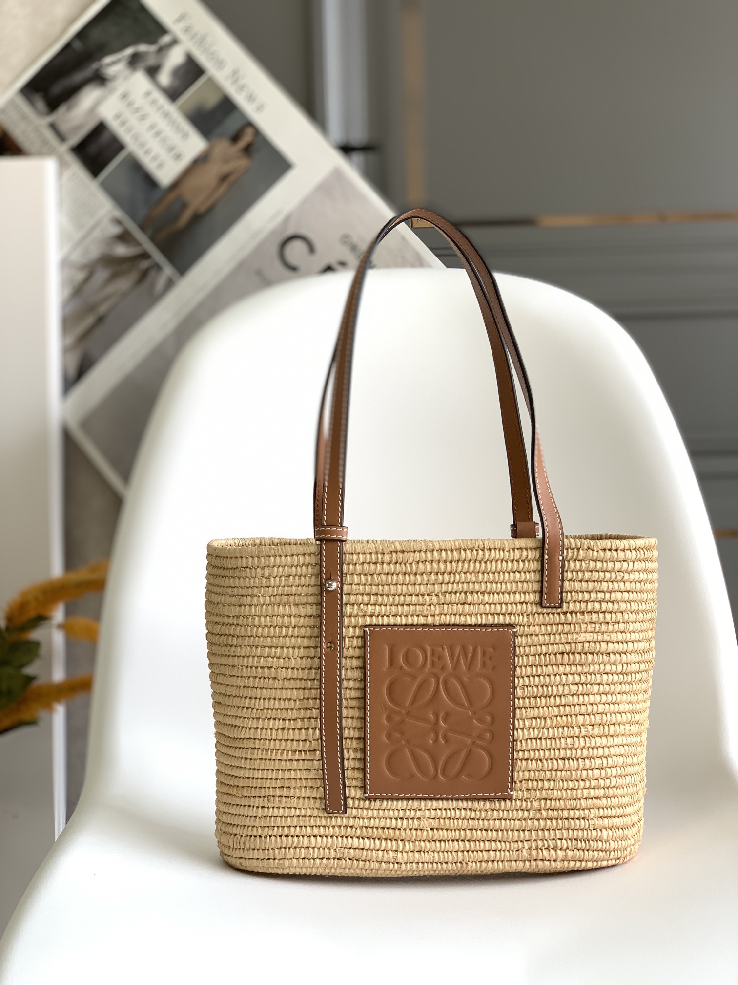 LOEWE Raffia Small Square Basket Tote Bag Natural Tan