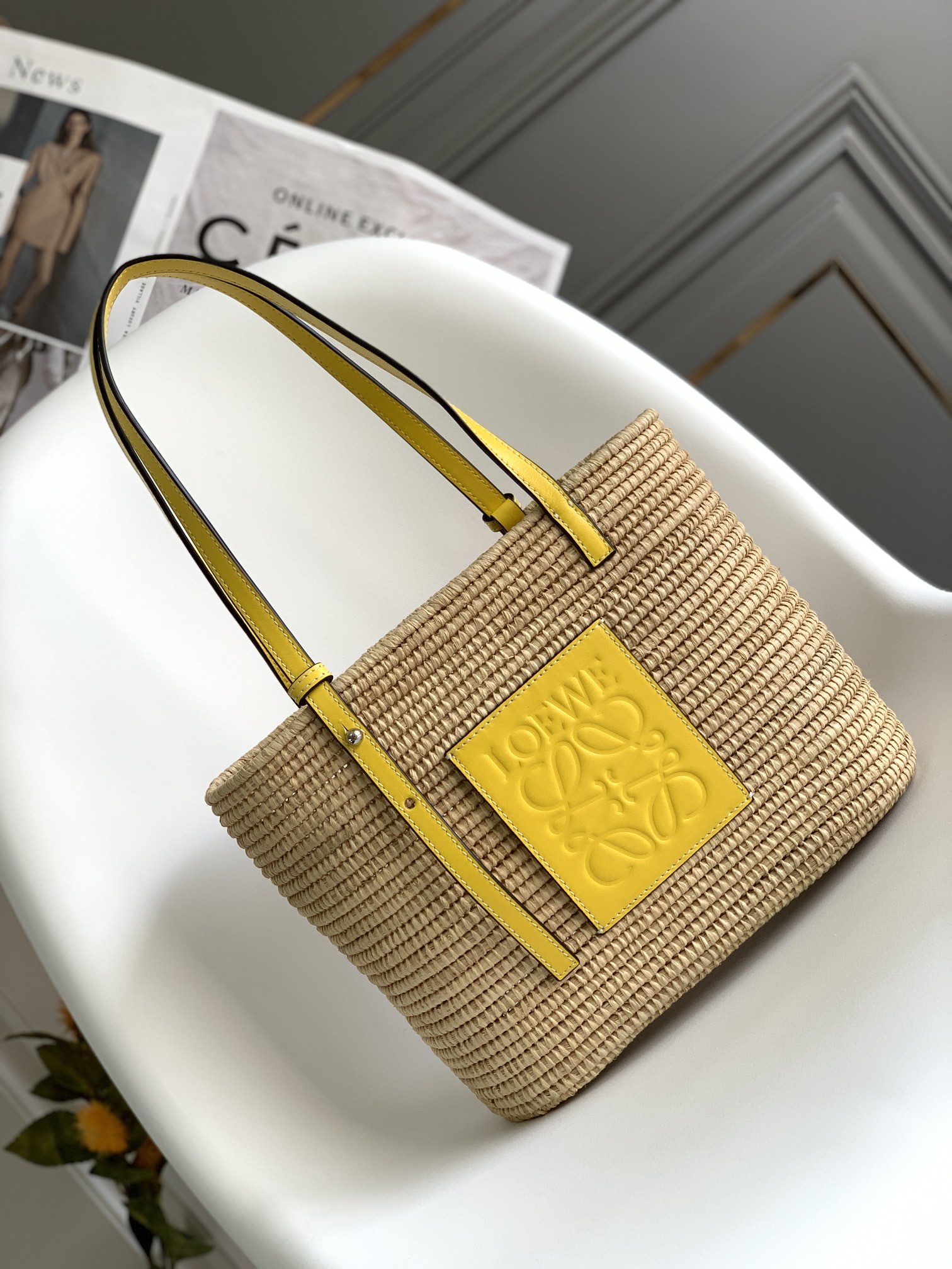 Loewe Square Basket Tote Woven Raffia and Leather Mini |