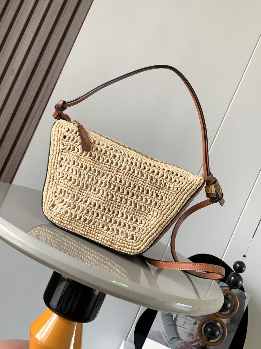 Loewe Mini Hammock Hobo in raffia and calfskin Brown – LOEWE