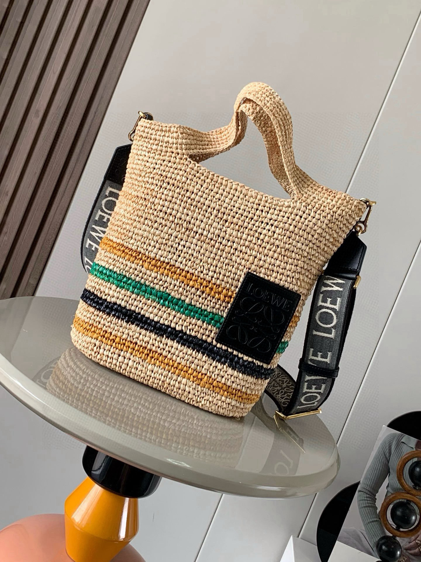 LOEWE Mini Slit bag in striped raffia and calfskin orange A685453X14