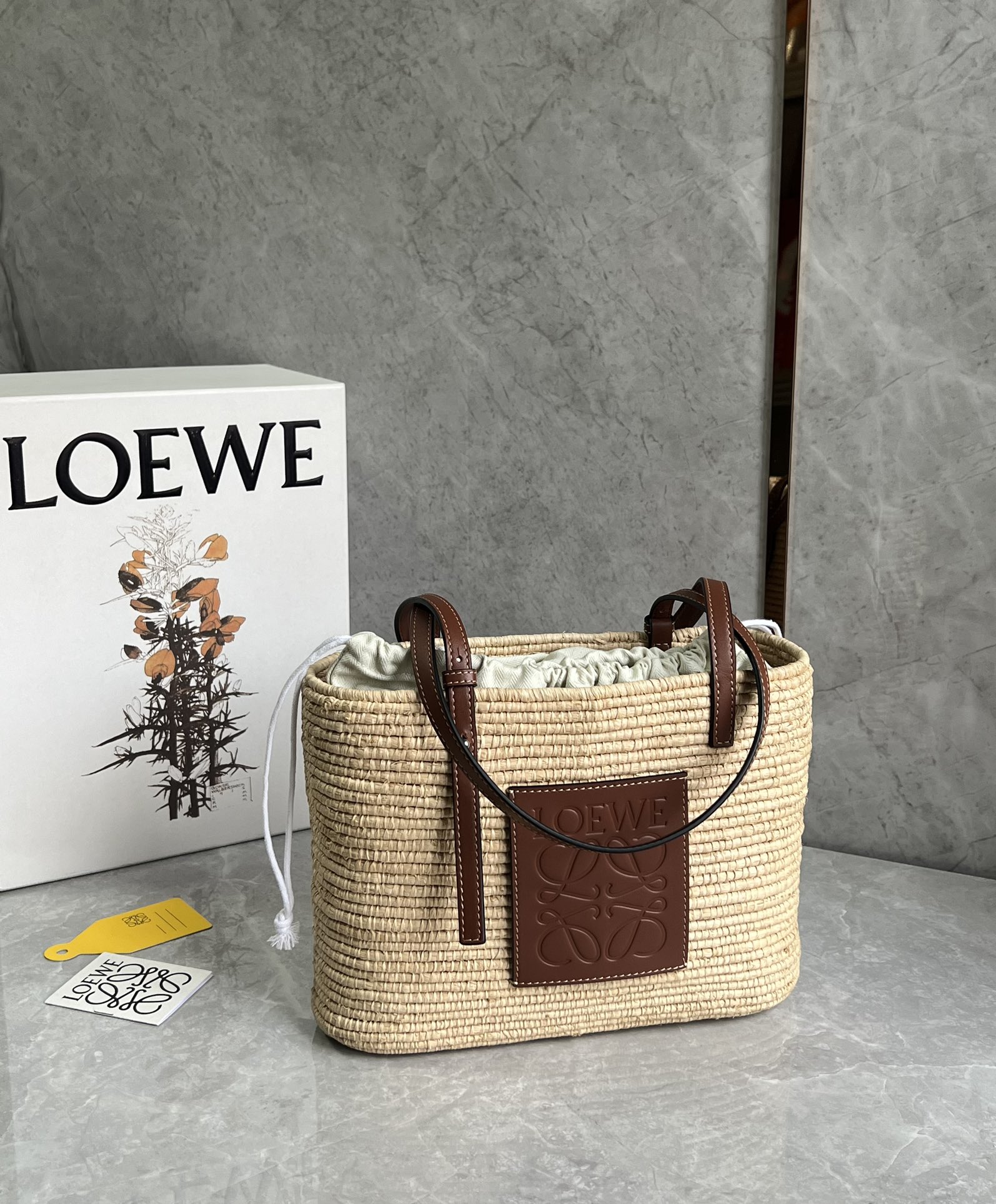LOEWE Raffia Small Square Basket Tote Bag Natural Tan 1316655