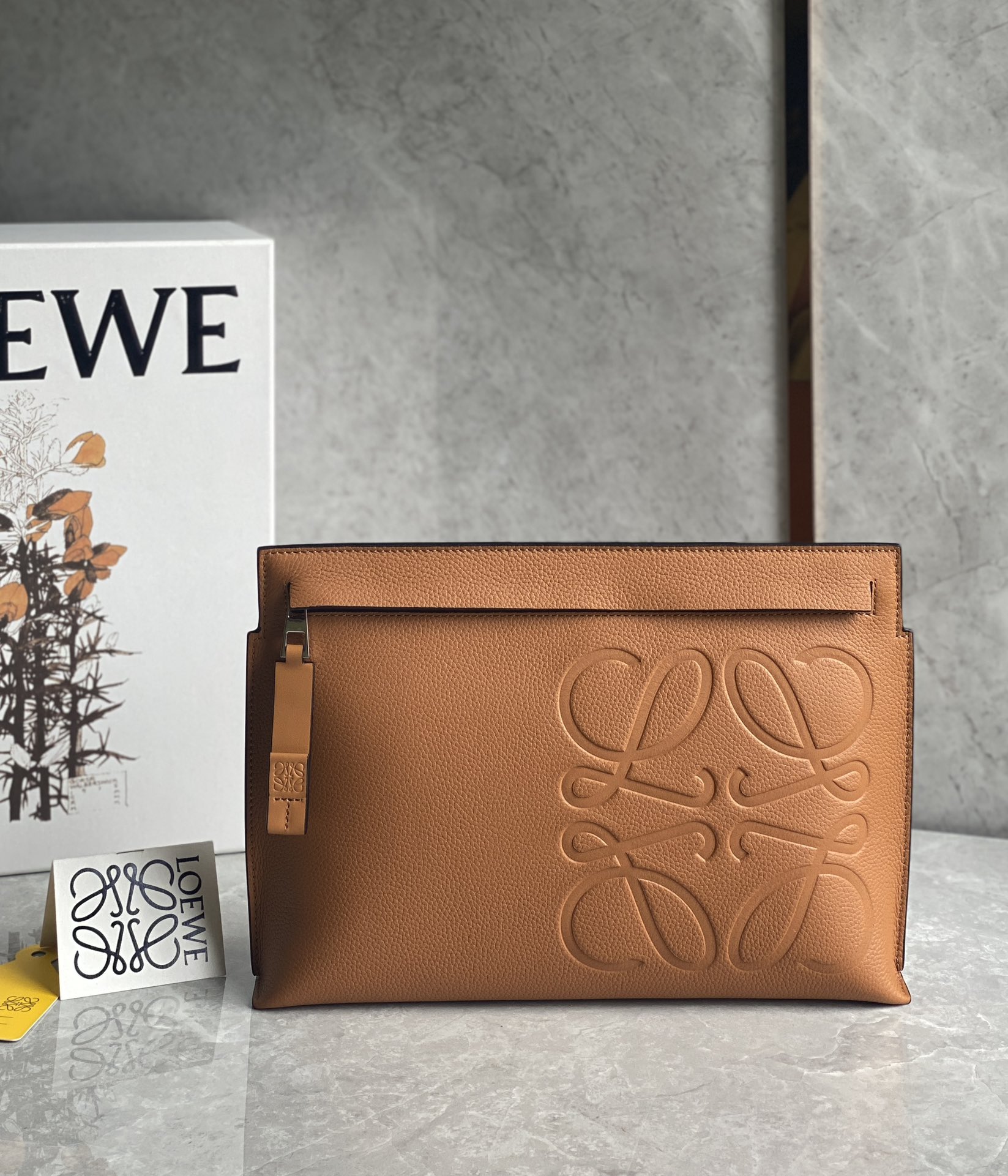 LOEWE Anagram T Pouch Clutch Bag Leather Camel