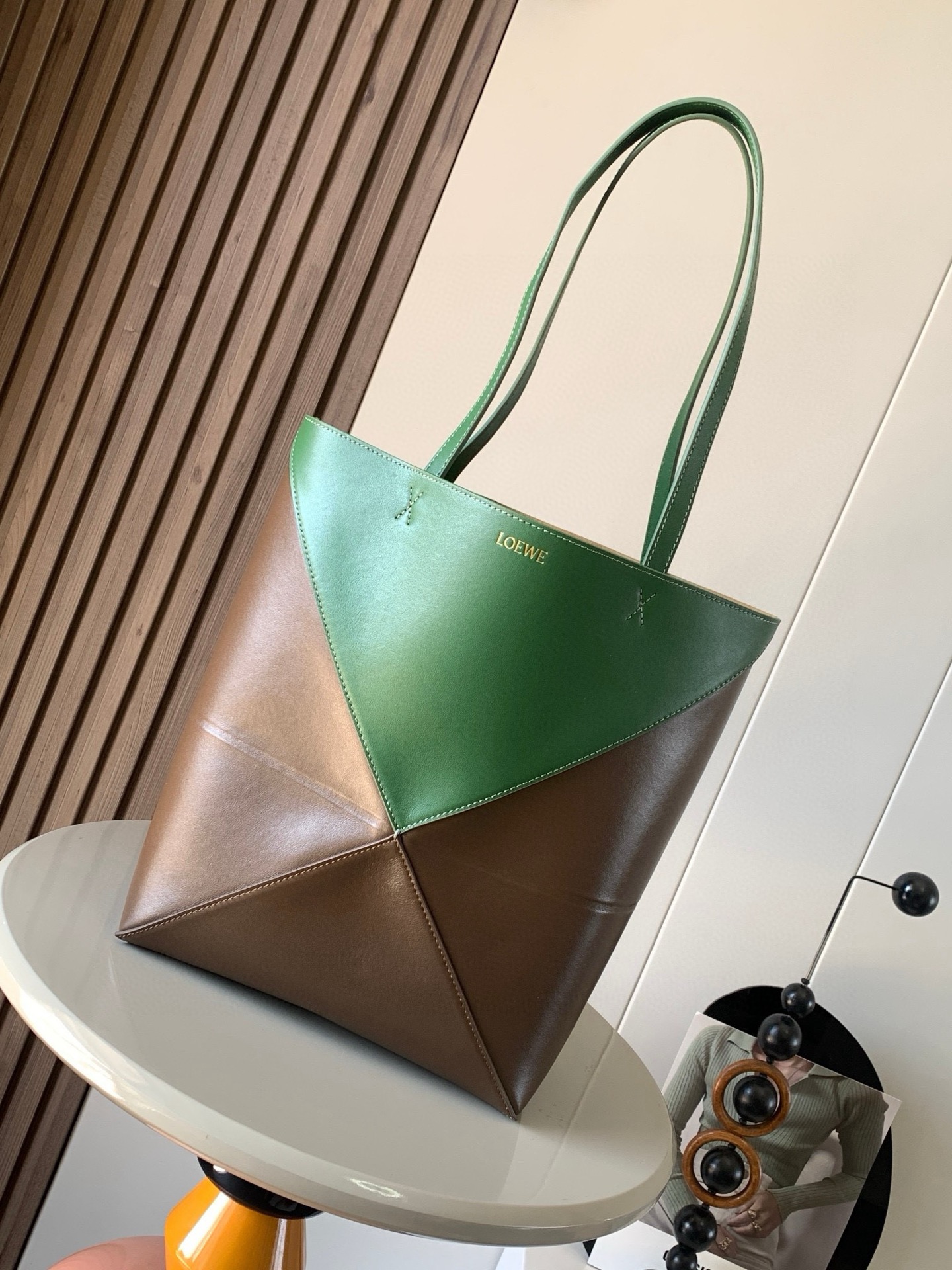 LOEWE Shiny Calfskin Large Puzzle Fold Tote Umber Hunter Green 1496560