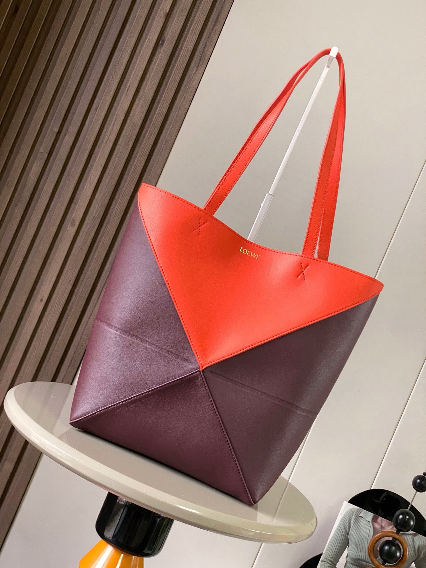 LOEWE Shiny Calfskin Medium Puzzle Fold Tote Burgundy