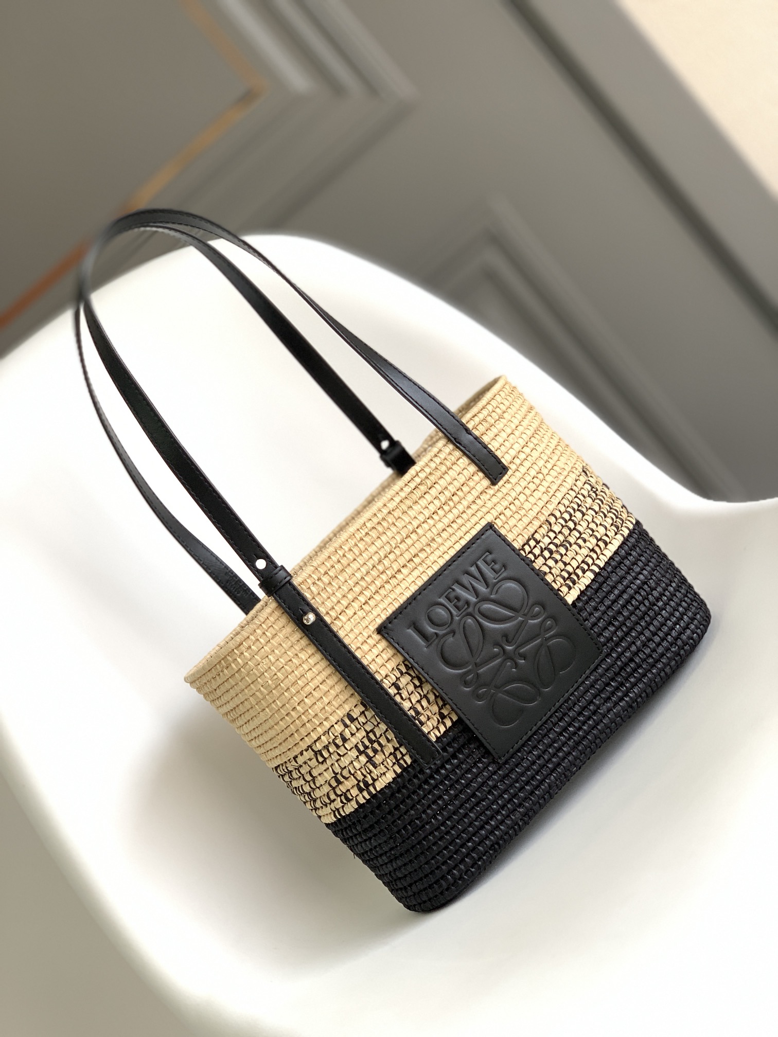 LOEWE Square Basket bag in degrade raffia and calfskin