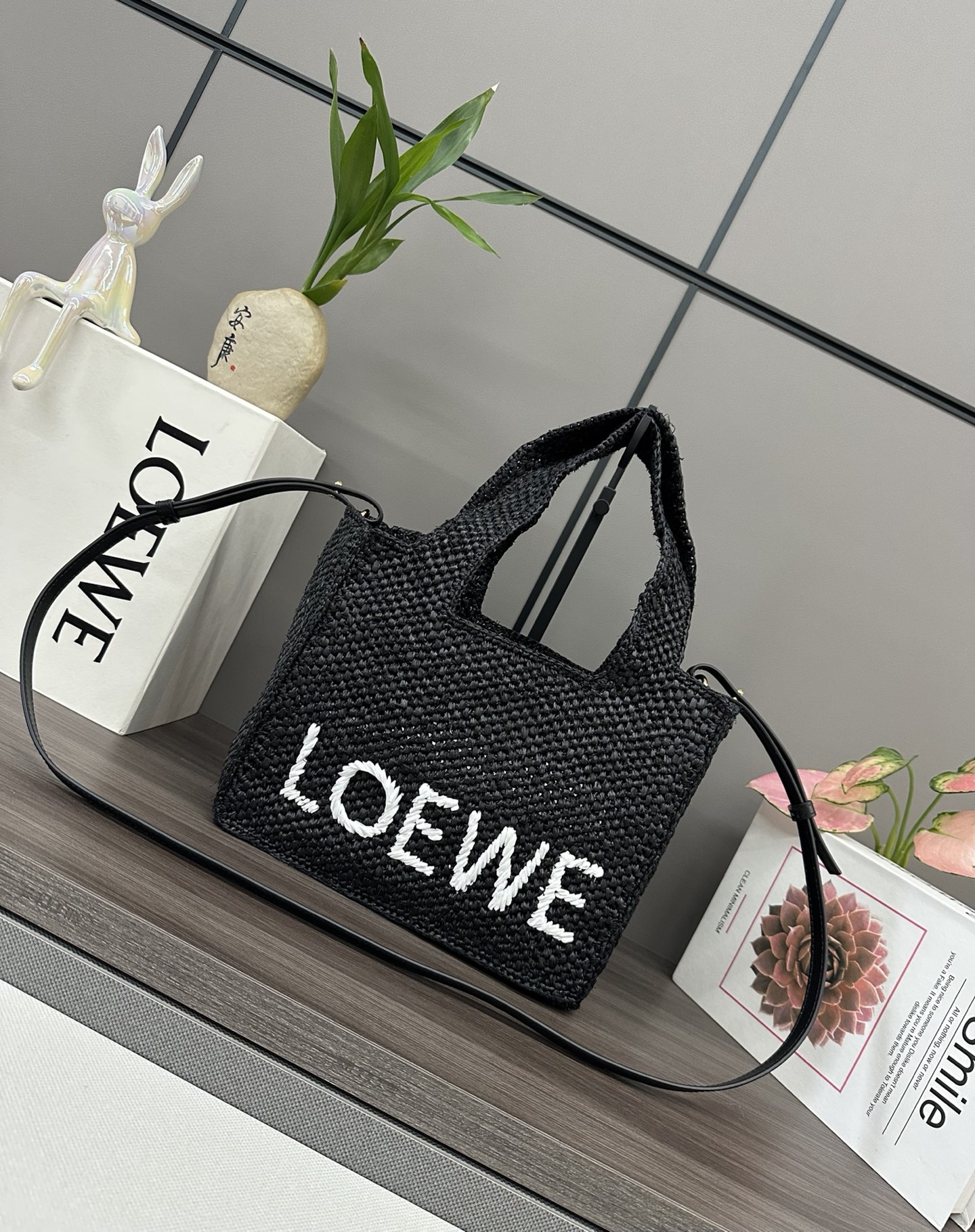 LOEWE Raffia Small Paula’s Ibiza Logo Tote Black White