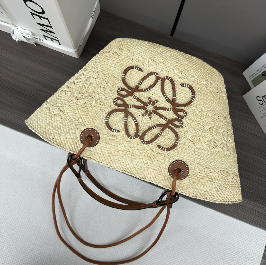 LOEWE Iraca Palm Calfskin Anagram Basket Bag Natural Tan 996705
