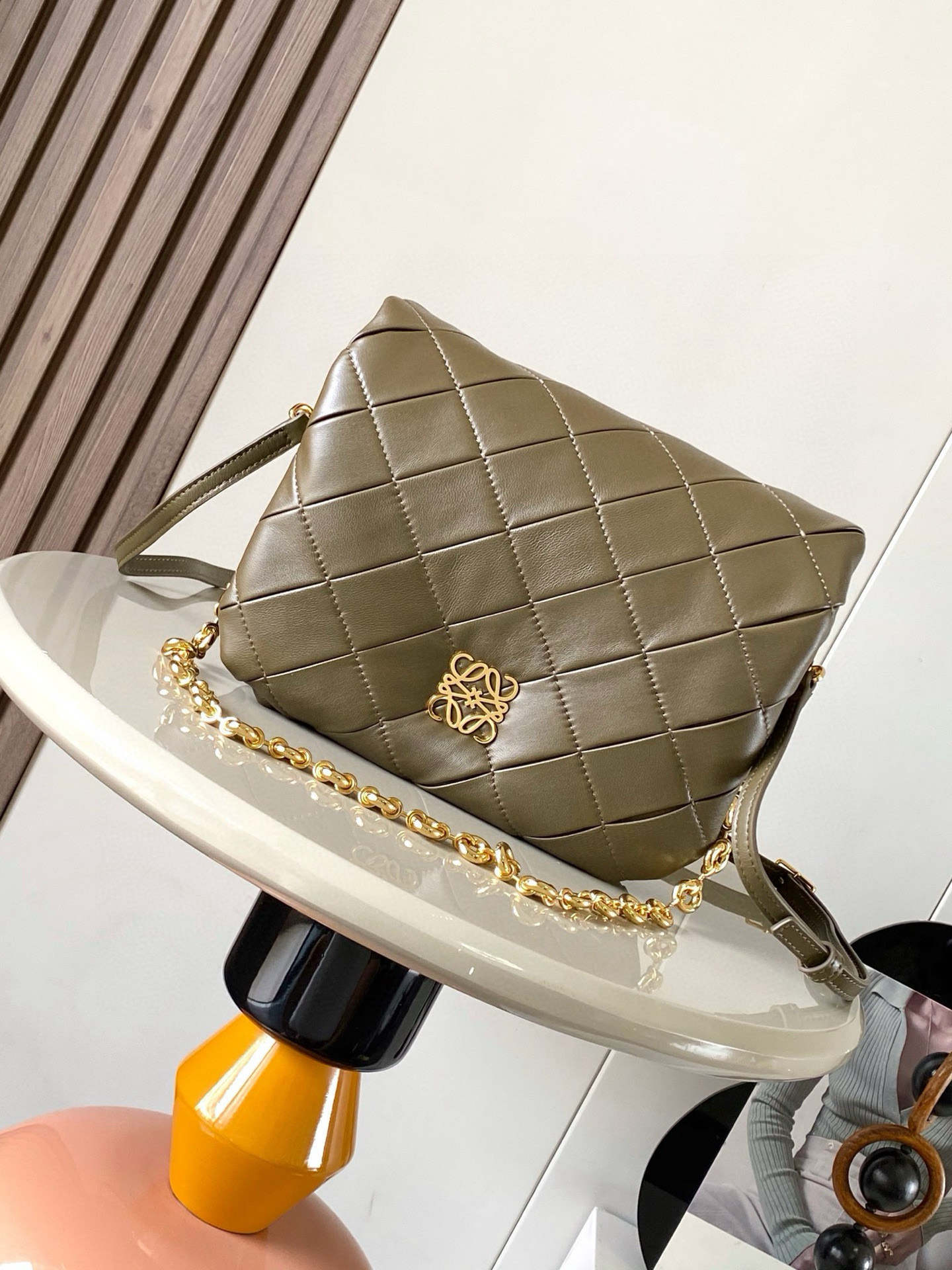 LOEWE Goya Leather Pleated Puffer Bag green