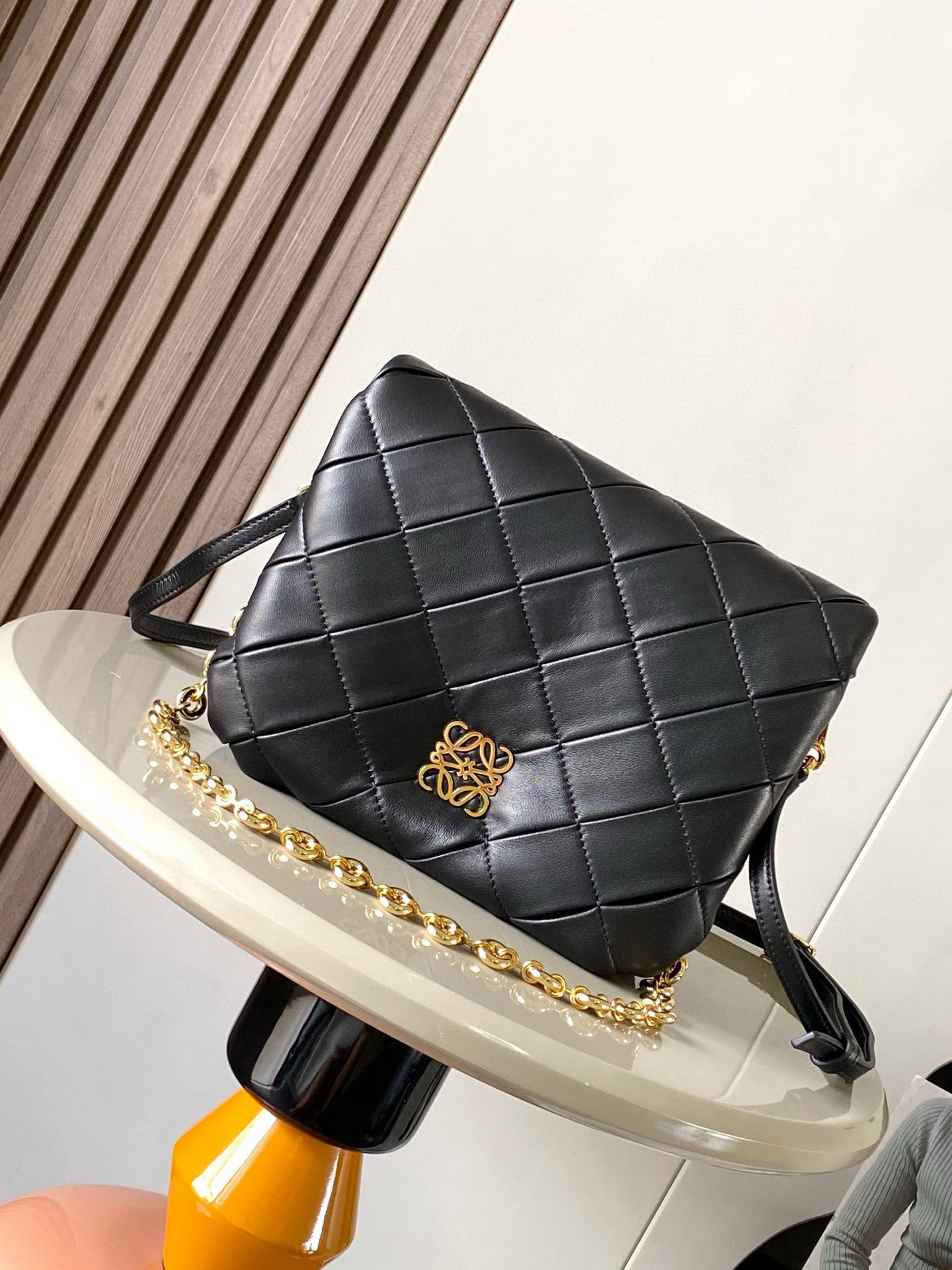 LOEWE Puffer Goya In Pleated Shiny Nappa Lambskin Black in Shiny Nappa Lambskin with Gold-tone